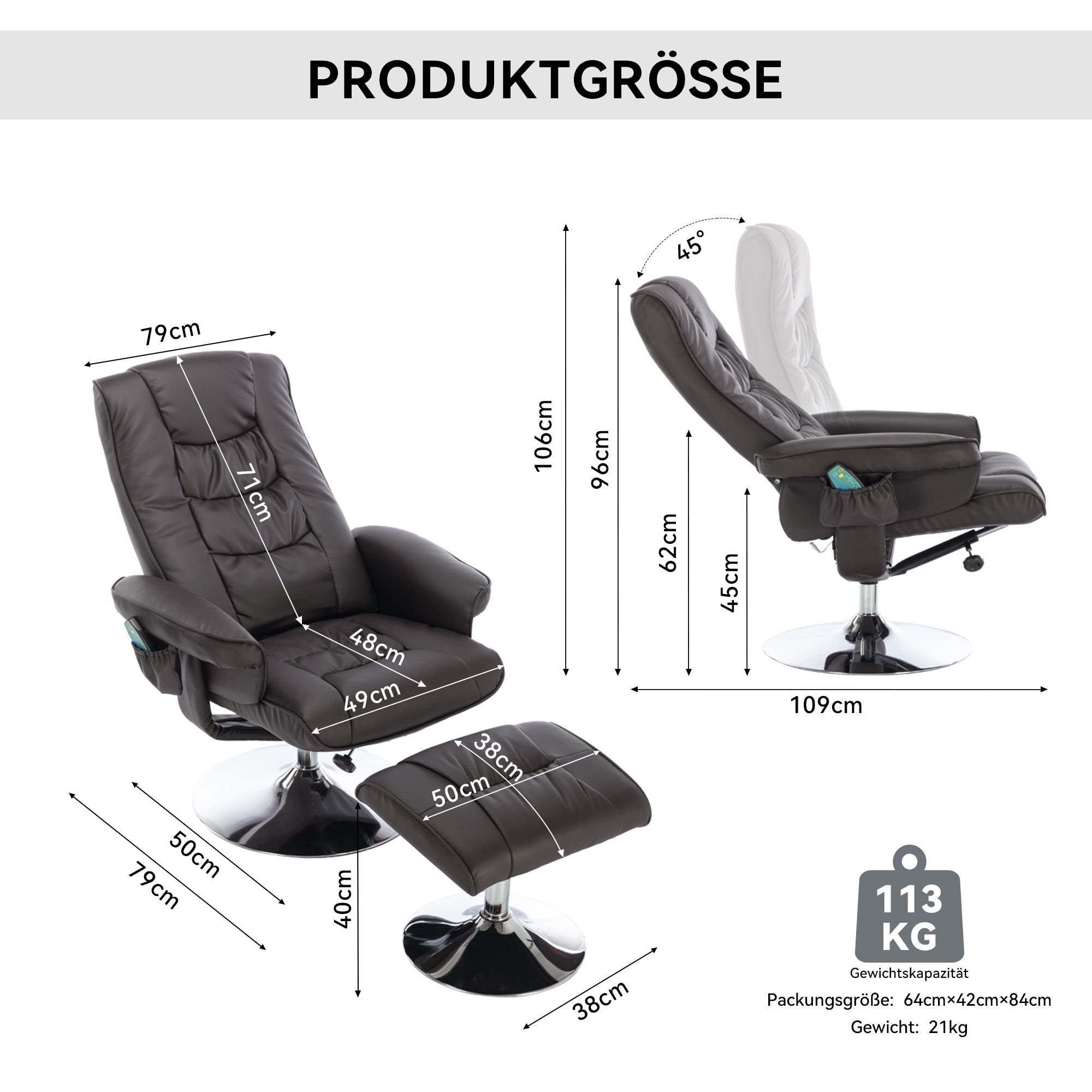 Massage Chair with 5-Point Massager, Ottoman, PU Upholstery, Brown