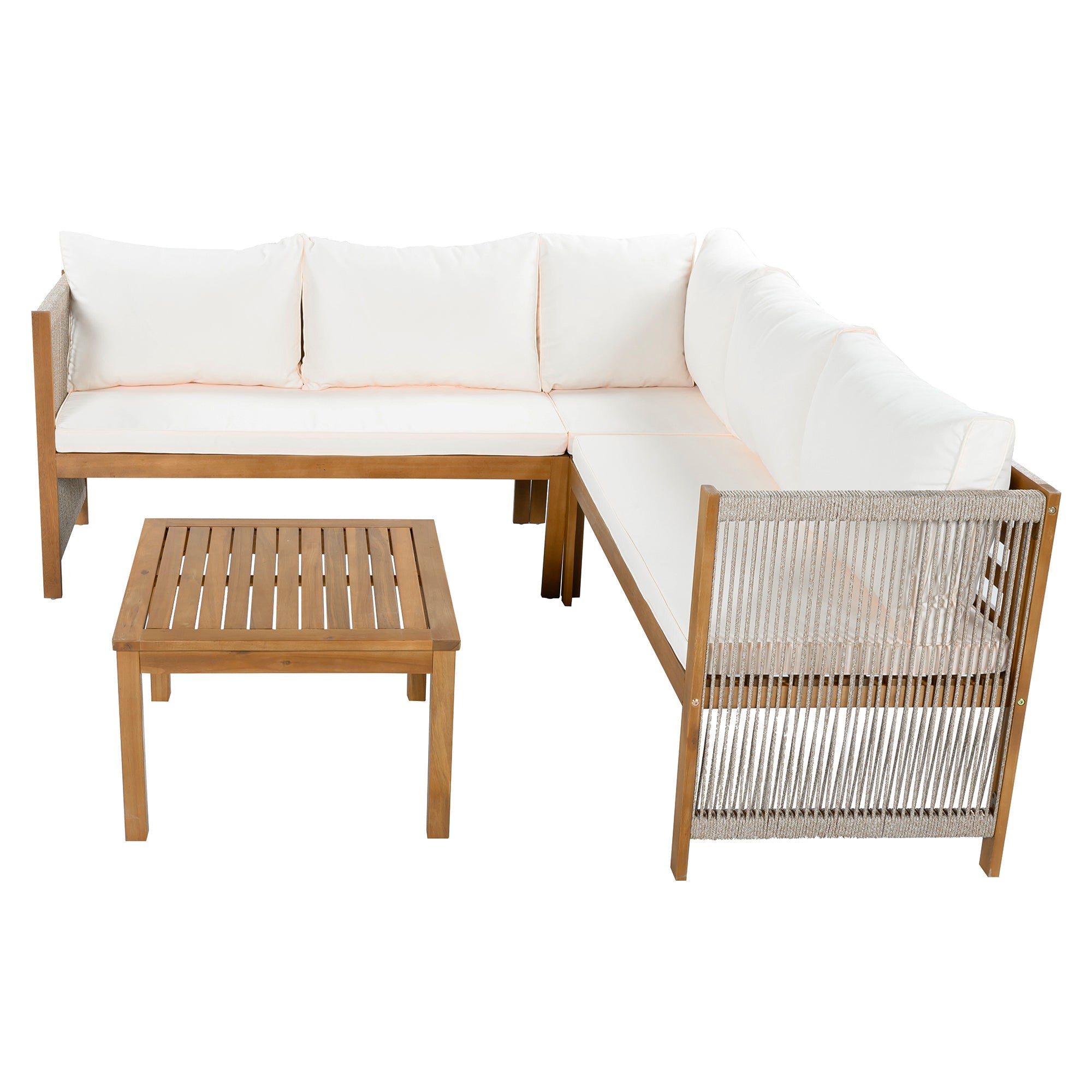 Garden Furniture Set with Corner Sofa, Coffee Table and Woven Rope Craftsmanship, Beige Acacia Wood