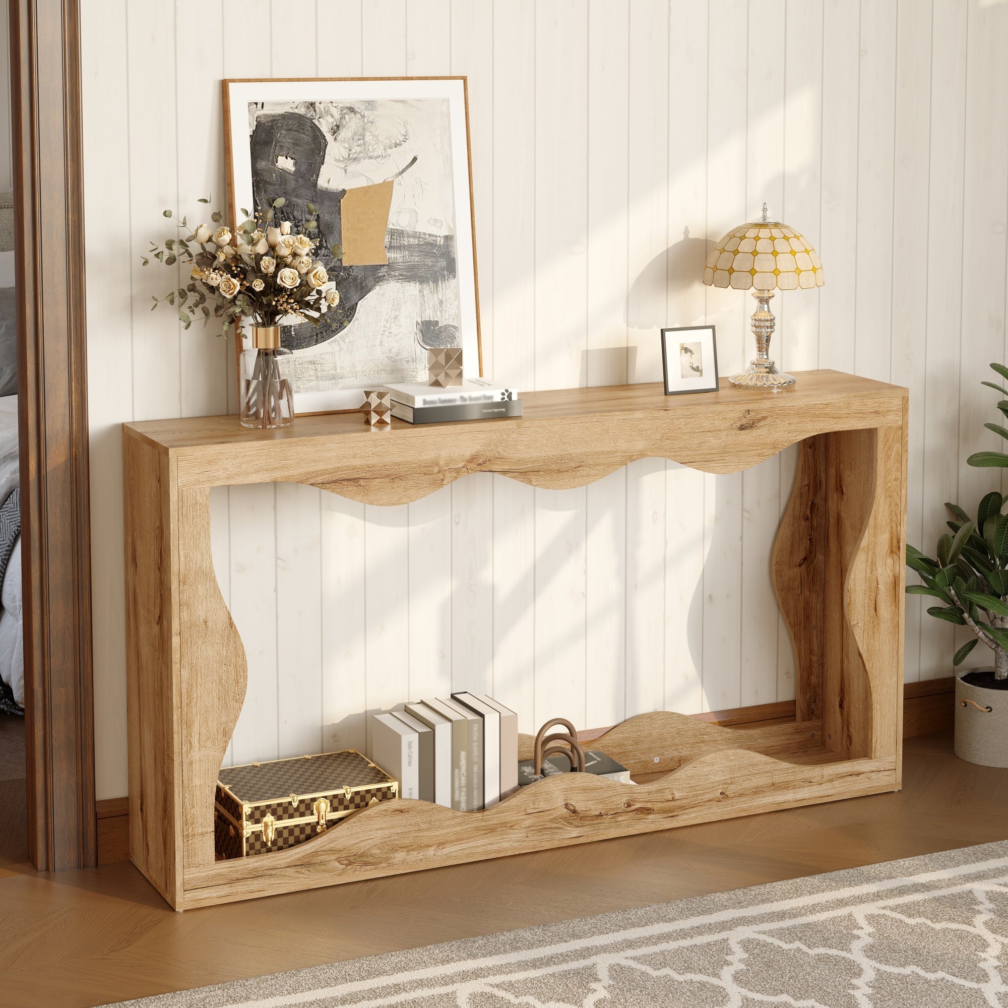 Wavy-Edge Console Table with 2-Tier Shelf and Natural Edge Design, Wood-Look