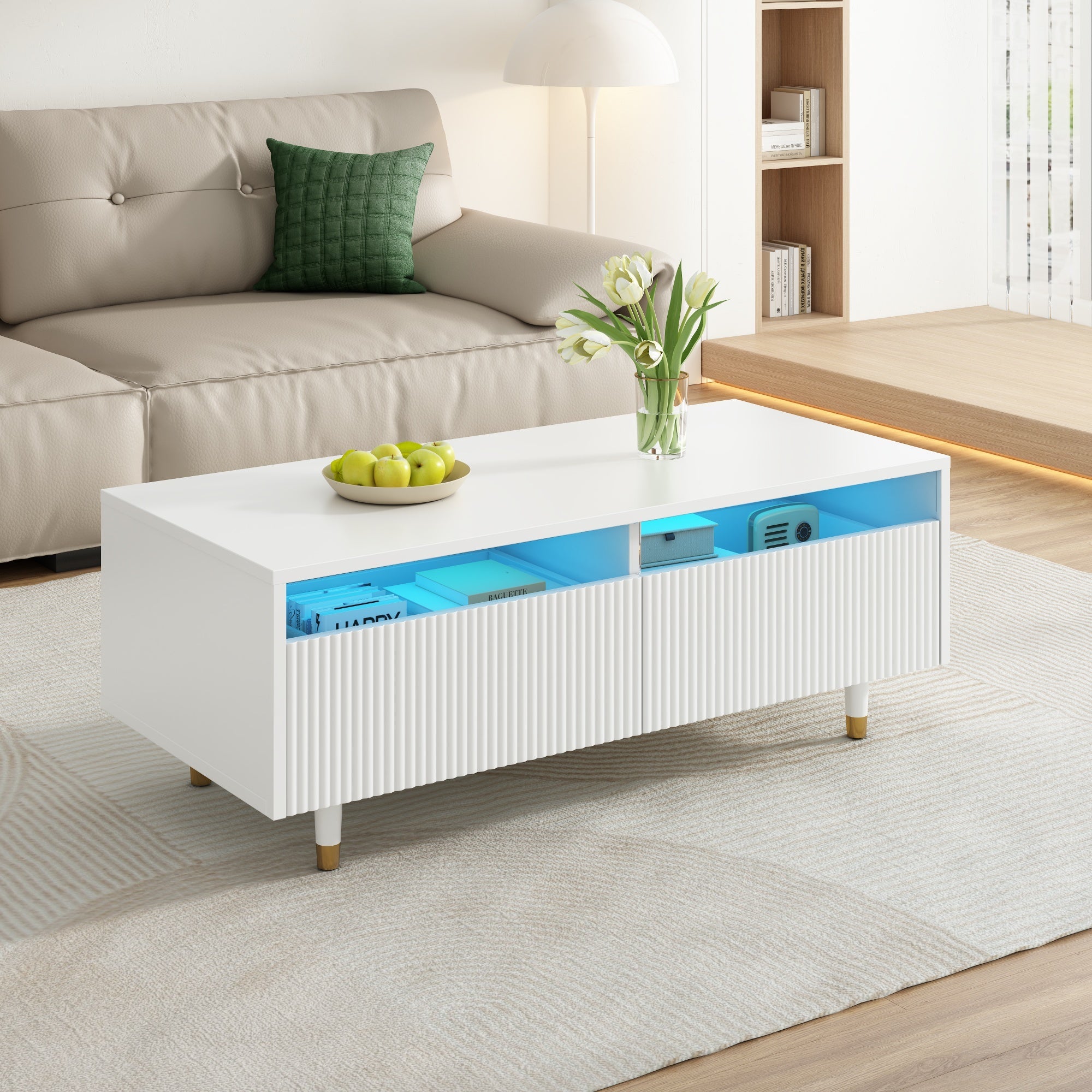 Modern LED coffee table wavy drawer top, two drawers, color-changing light strip, gold and white