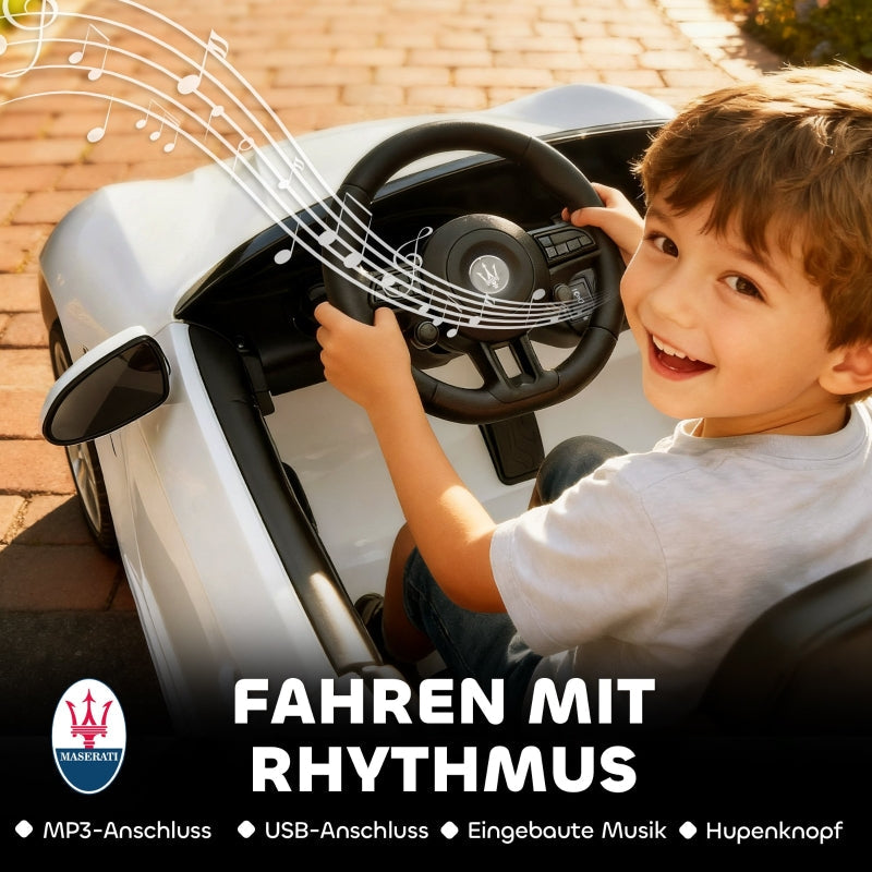 Maserati Electric Car for Children, 2-Seater 12V Battery with Remote Control, White
