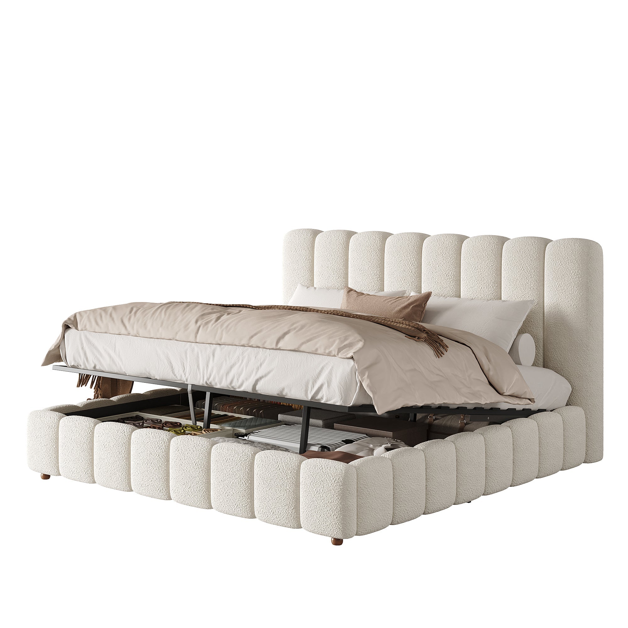 Upholstered Double Bed 180x200cm Hydraulic Storage Bed with Slatted Frame White Bouclé