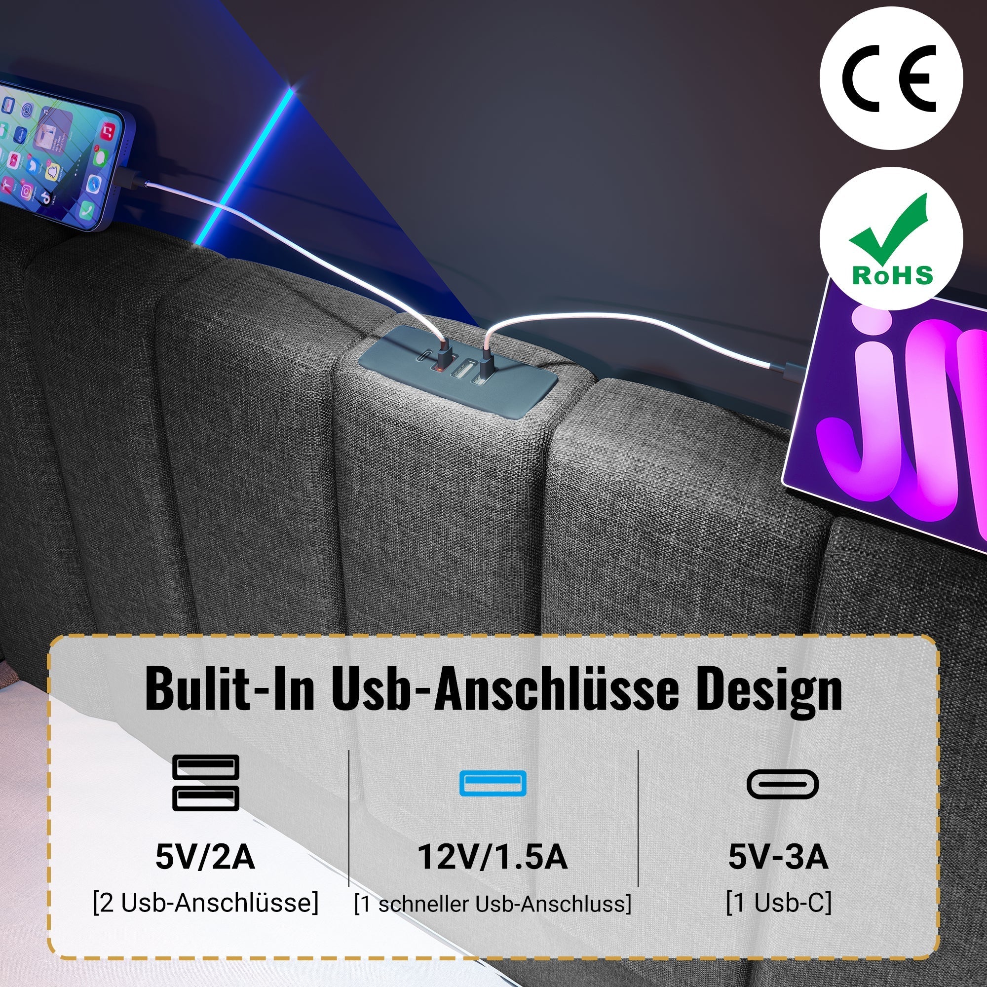 Upholstered Bed 160×200, Double Storage with App Control LED & USB-C, Linen Grey