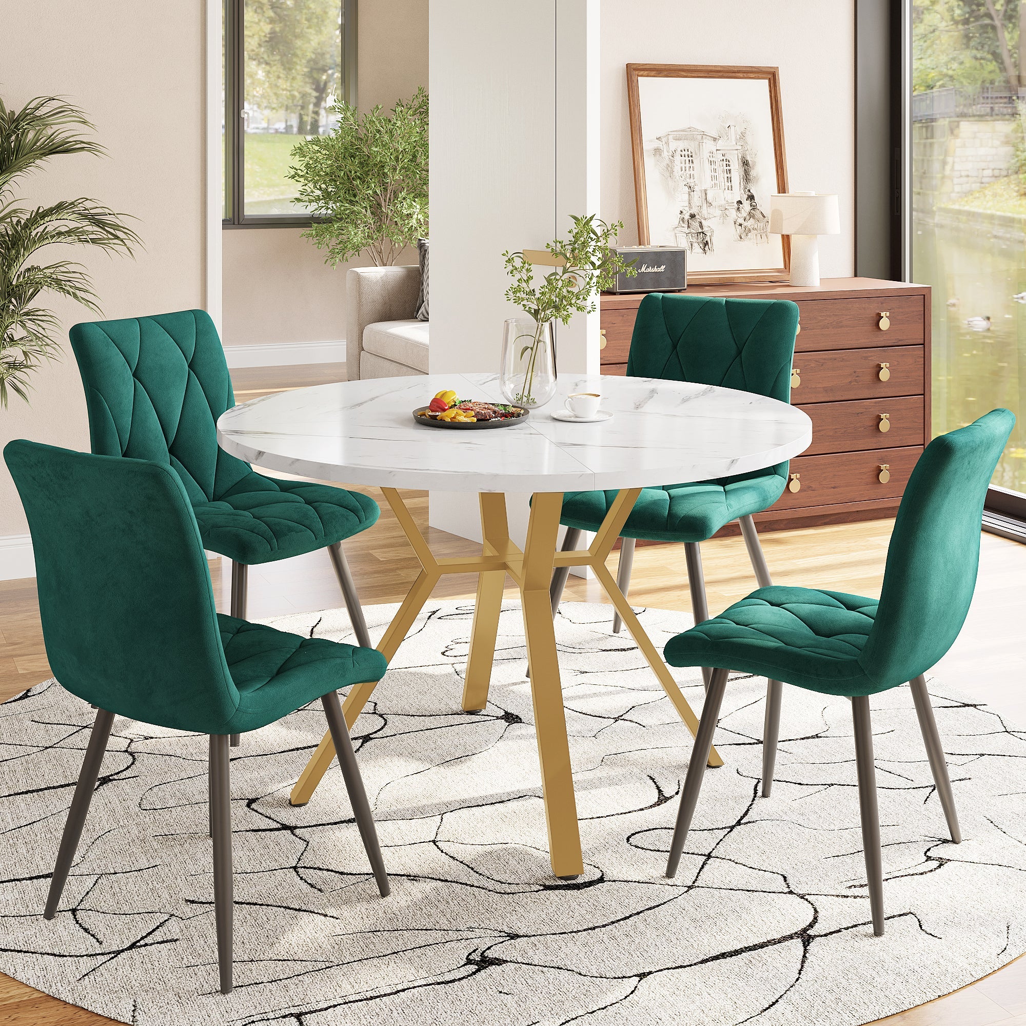 Dining table set 5-piece round with marble and gold legs, green velvet chairs