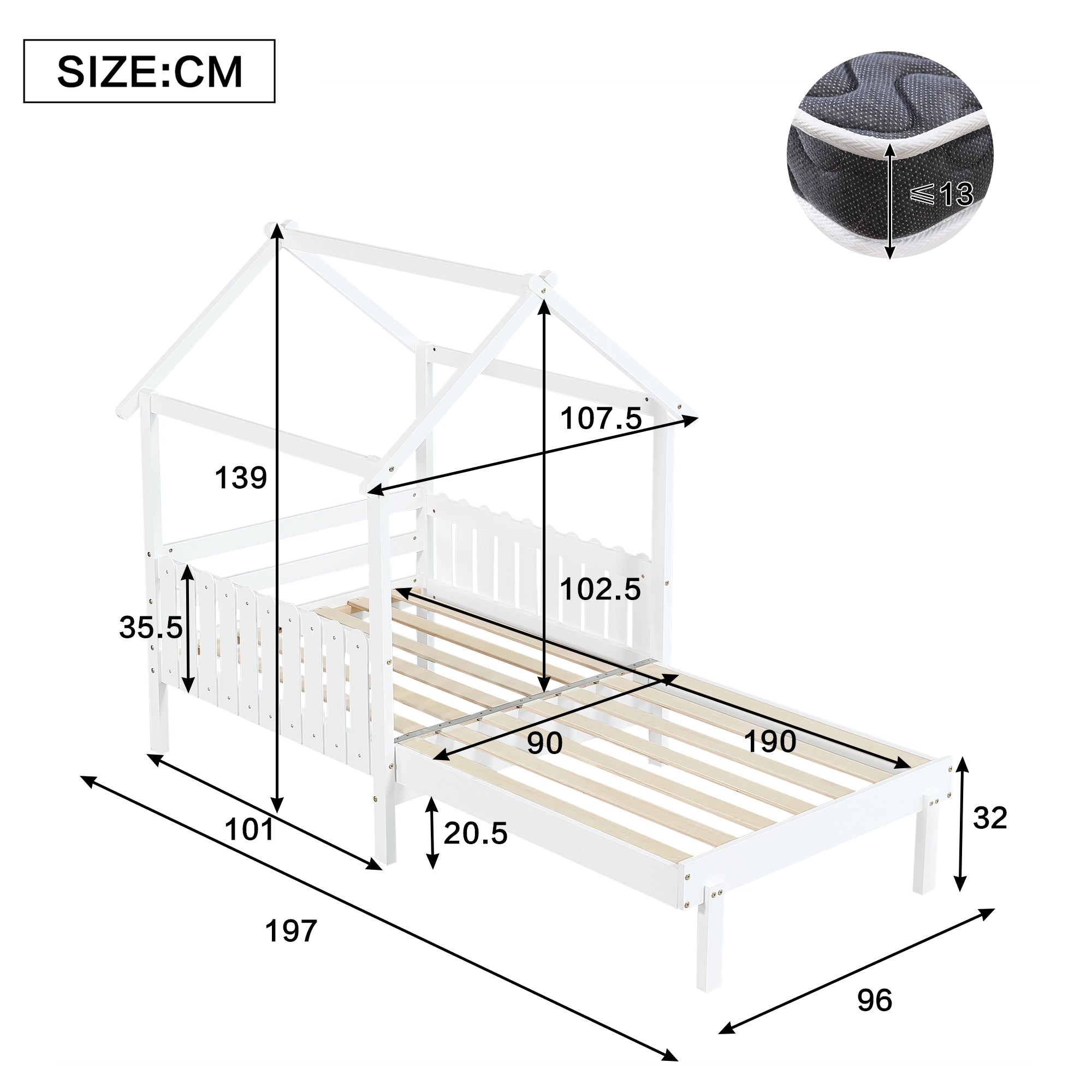 Wooden Bed with Pull-out and Safety Guardrails, 3ft Single, White MDF/Pine
