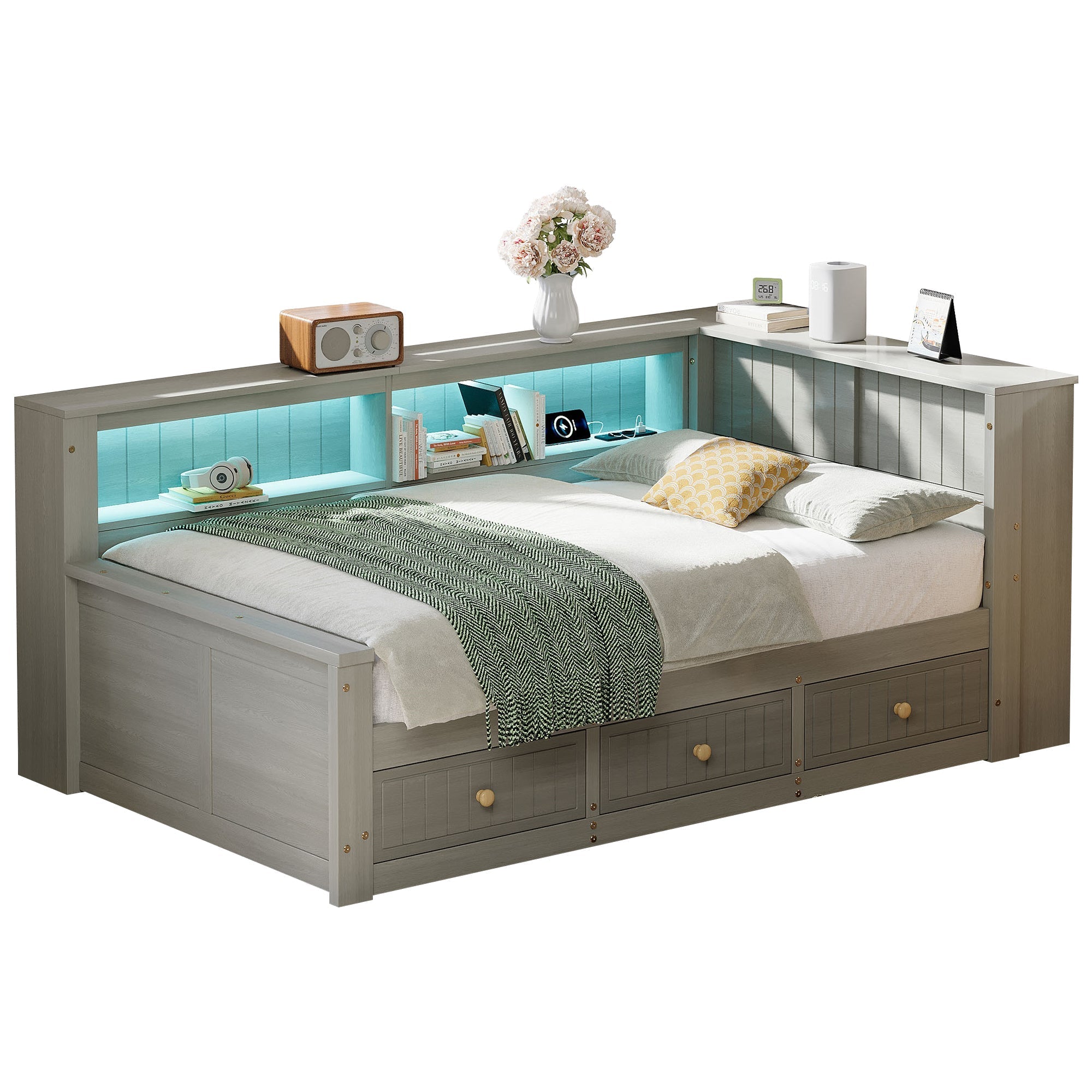 Wooden Daybed with Storage Compartments and 3 Drawers, 90 x 200 cm, Grey