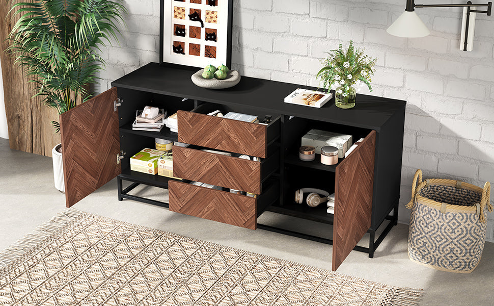 Living Room Sideboard 145cm 3 Drawers 2 Doors Adjustable Dividers - Wood/Black