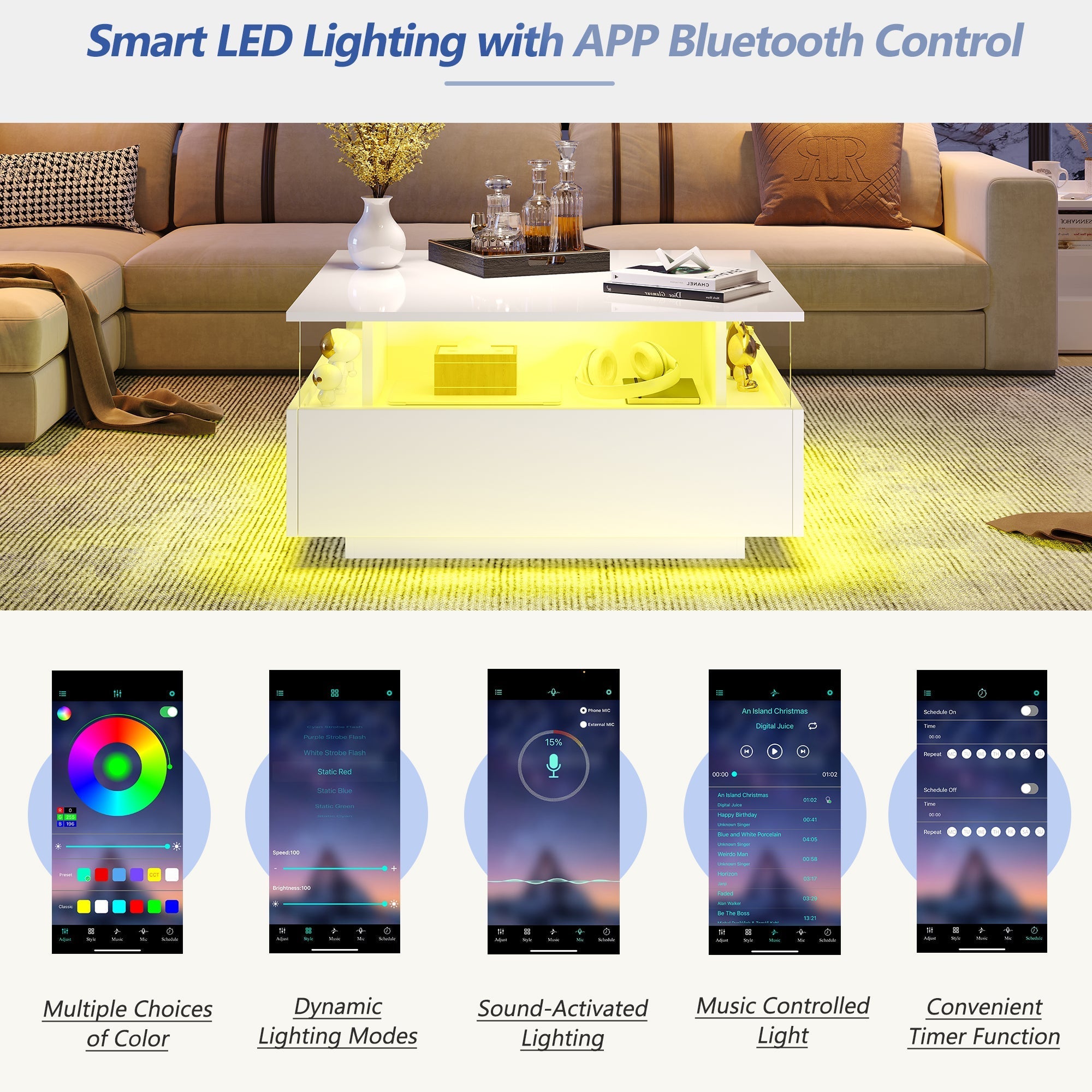 Coffee Table with Storage, Modern LED, White Wood and Acrylic Glass