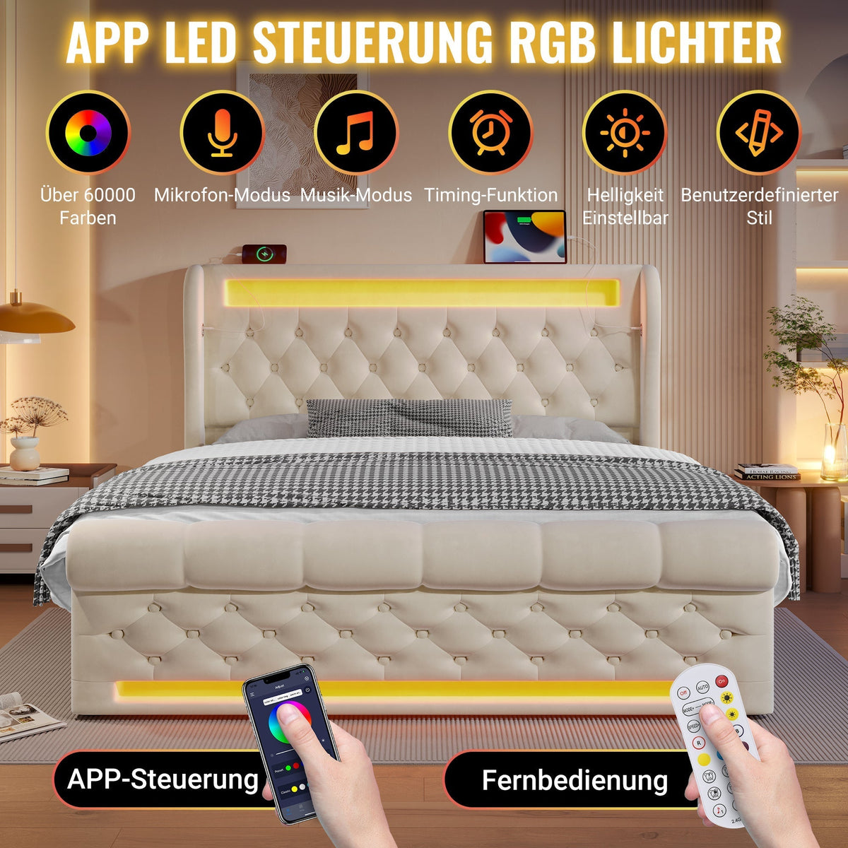 Upholstered Double Bed 160x200cm LED Lights USB/Type-C Storage Hydraulic Velvet Beige