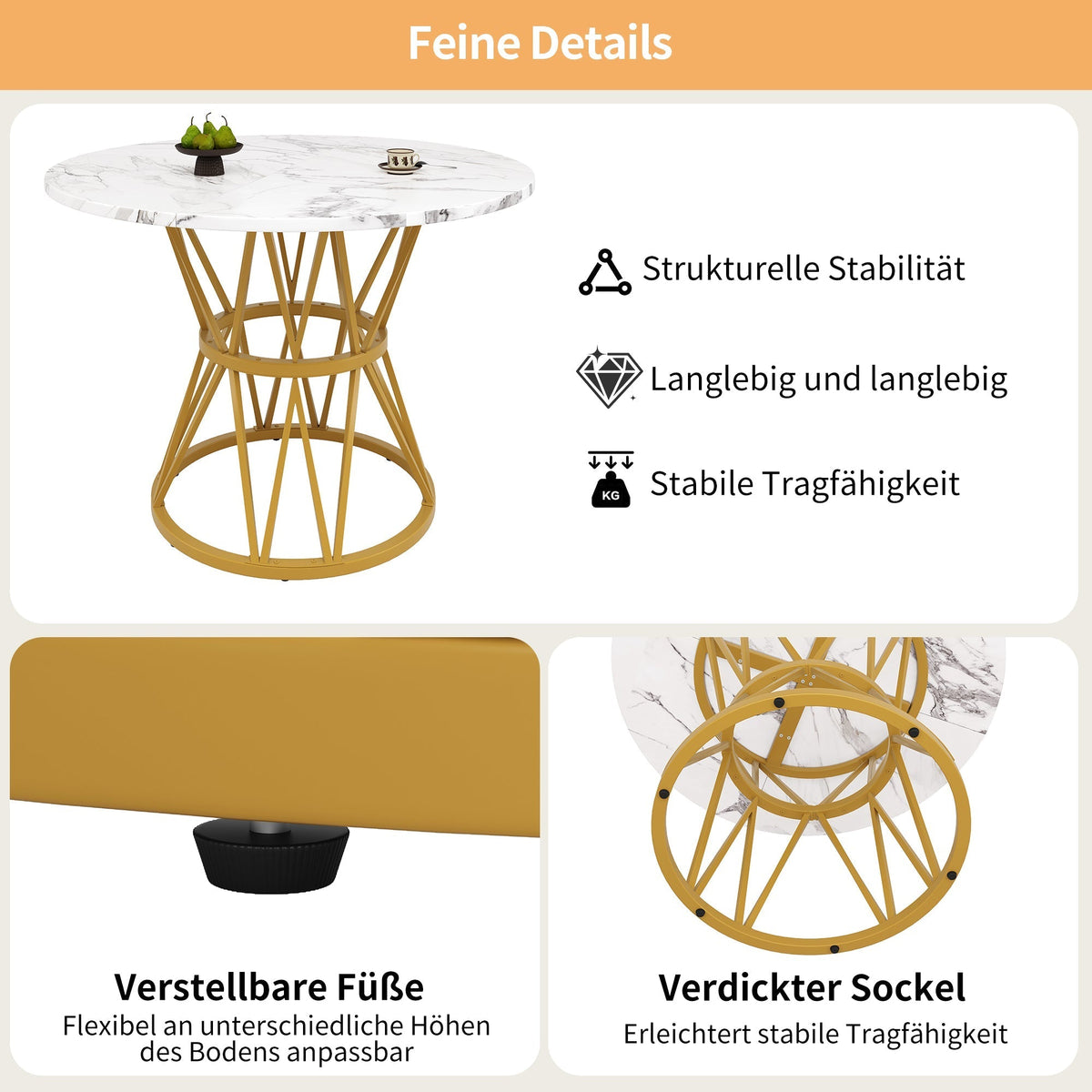 Round Dining Table 100cm 4-Seater MDF Marble Top Gold