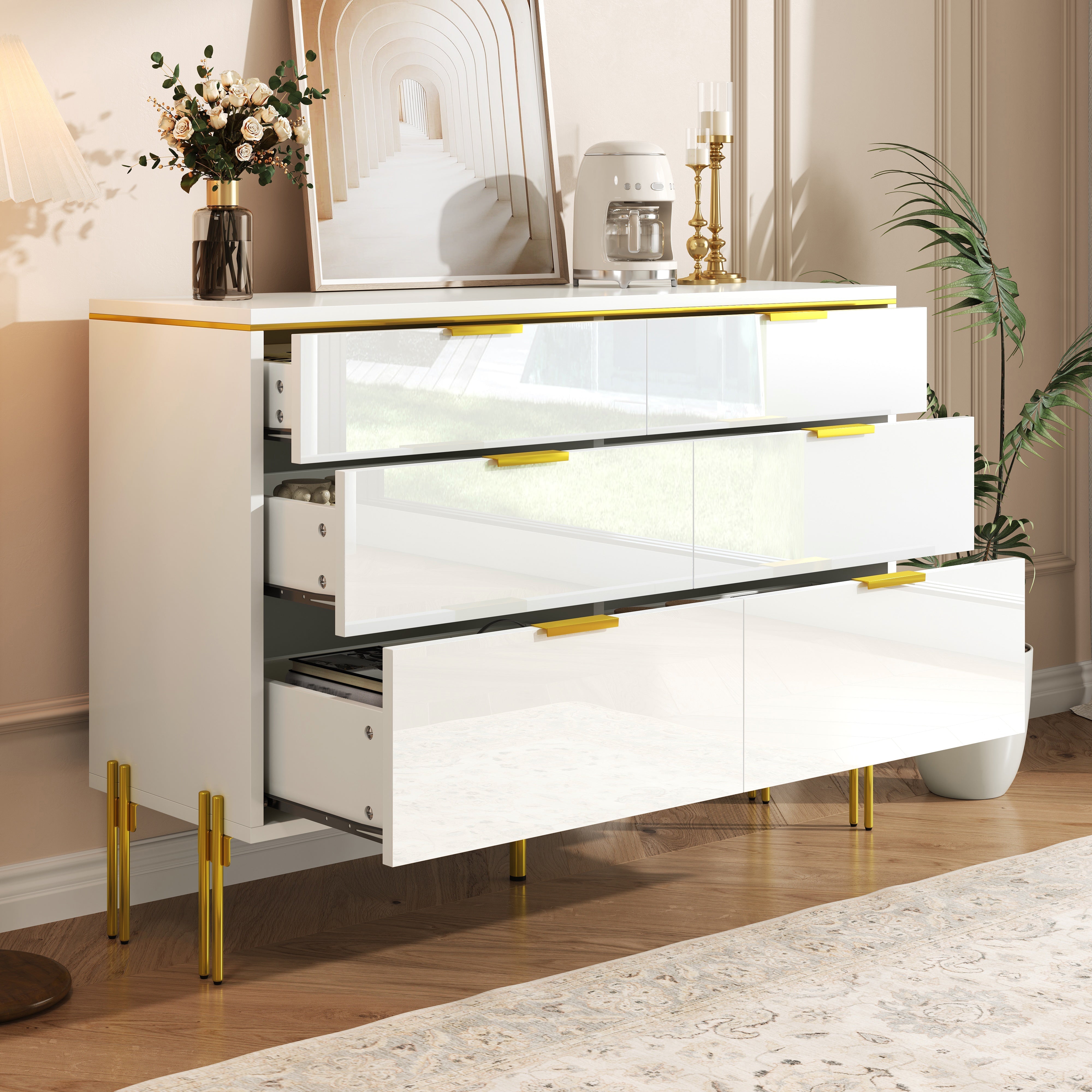 Sideboard Cabinet Modern 6 Drawers High-Gloss - White and Gold