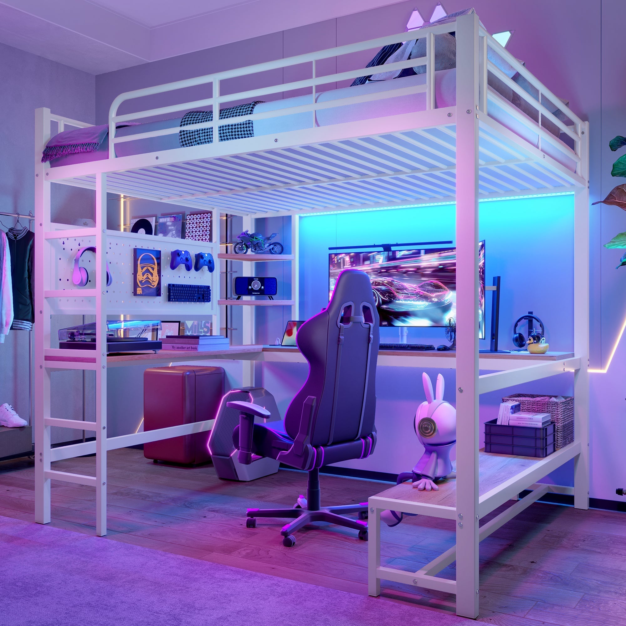 Loft Bed with Desk, Shelves, LED and USB Sockets, White Metal and MDF