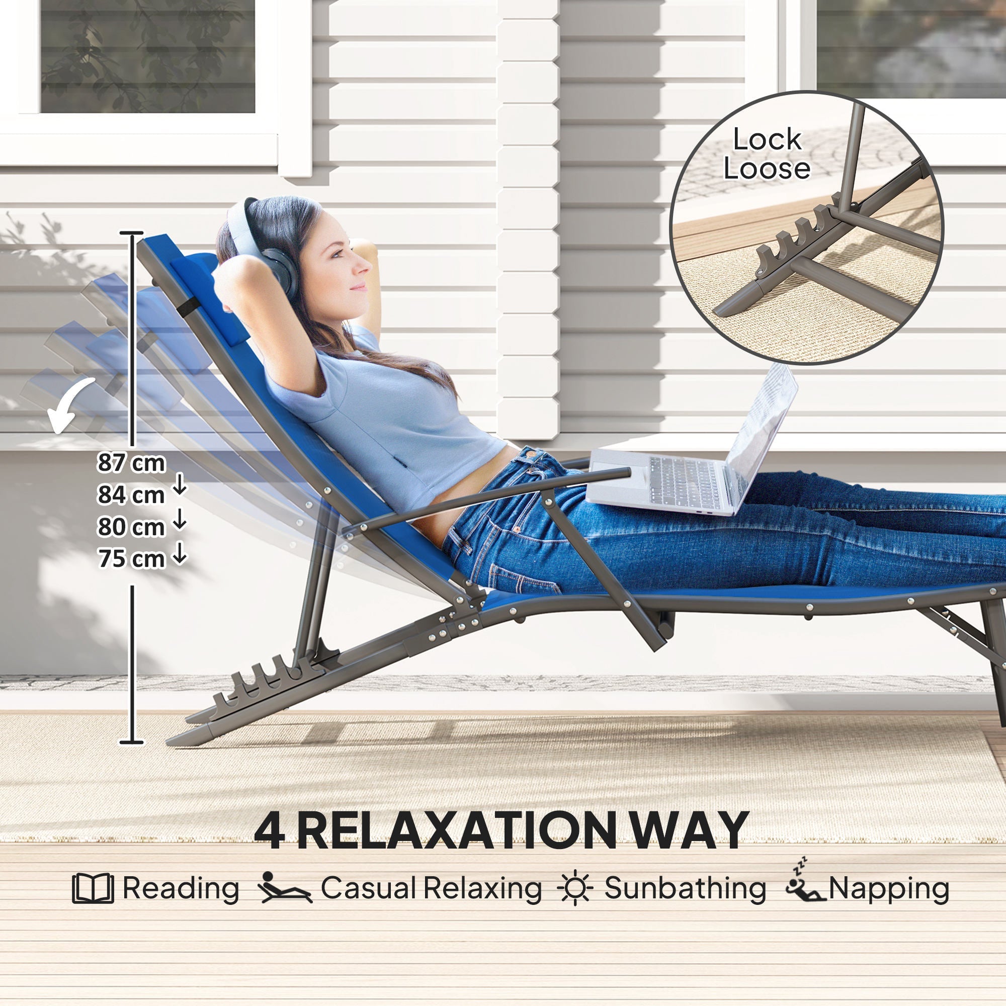 Set of Two Sun Loungers, Adjustable Back, Blue