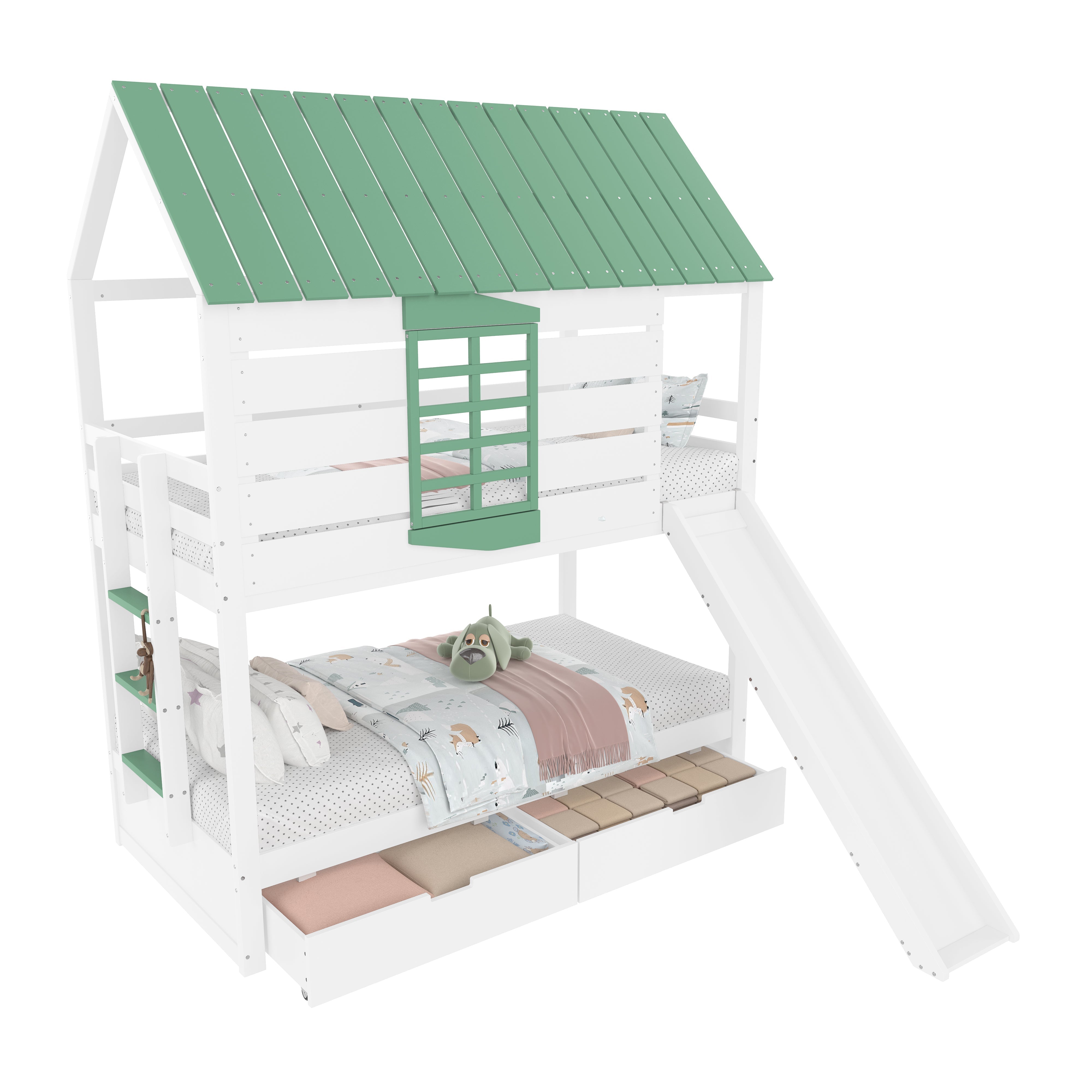 90X200 House Bunk Bed with Slide and 2 Drawers, White+Green