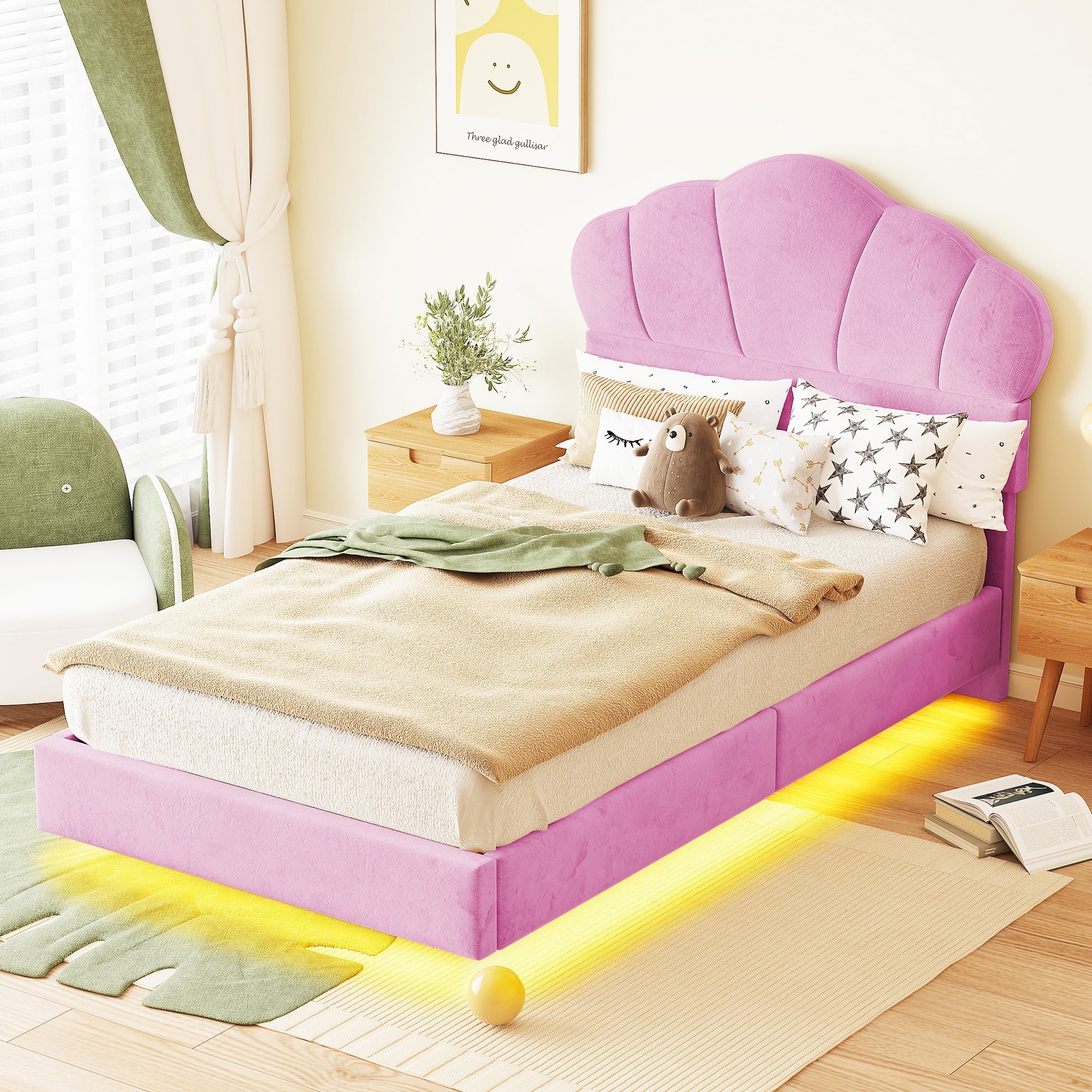 Upholstered Bed 90x200cm LED Cloud Headboard Children's Youth Velvet Pink