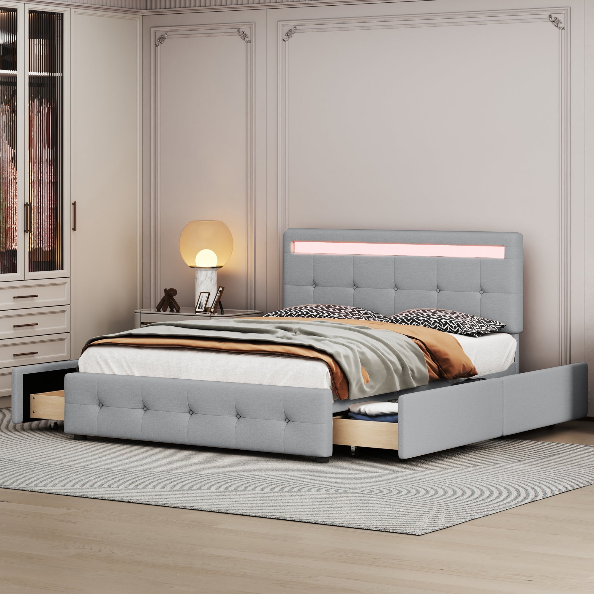 Upholstered Bed, 140x200cm, LED, 4 Drawers, Linen, Grey