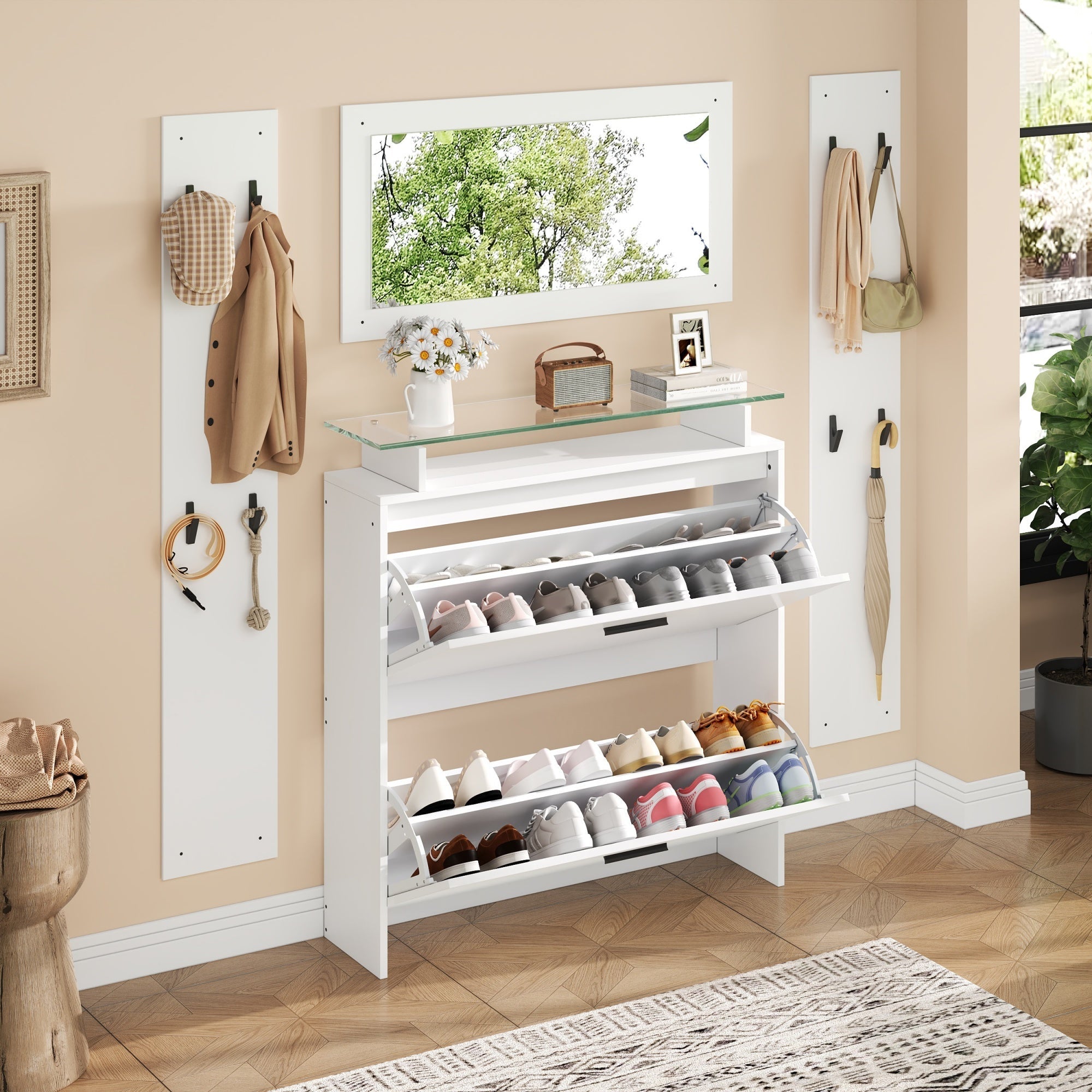 Wardrobe Set 4-Piece with Mirror Shoe Cabinet 8 Hooks, High-Gloss White