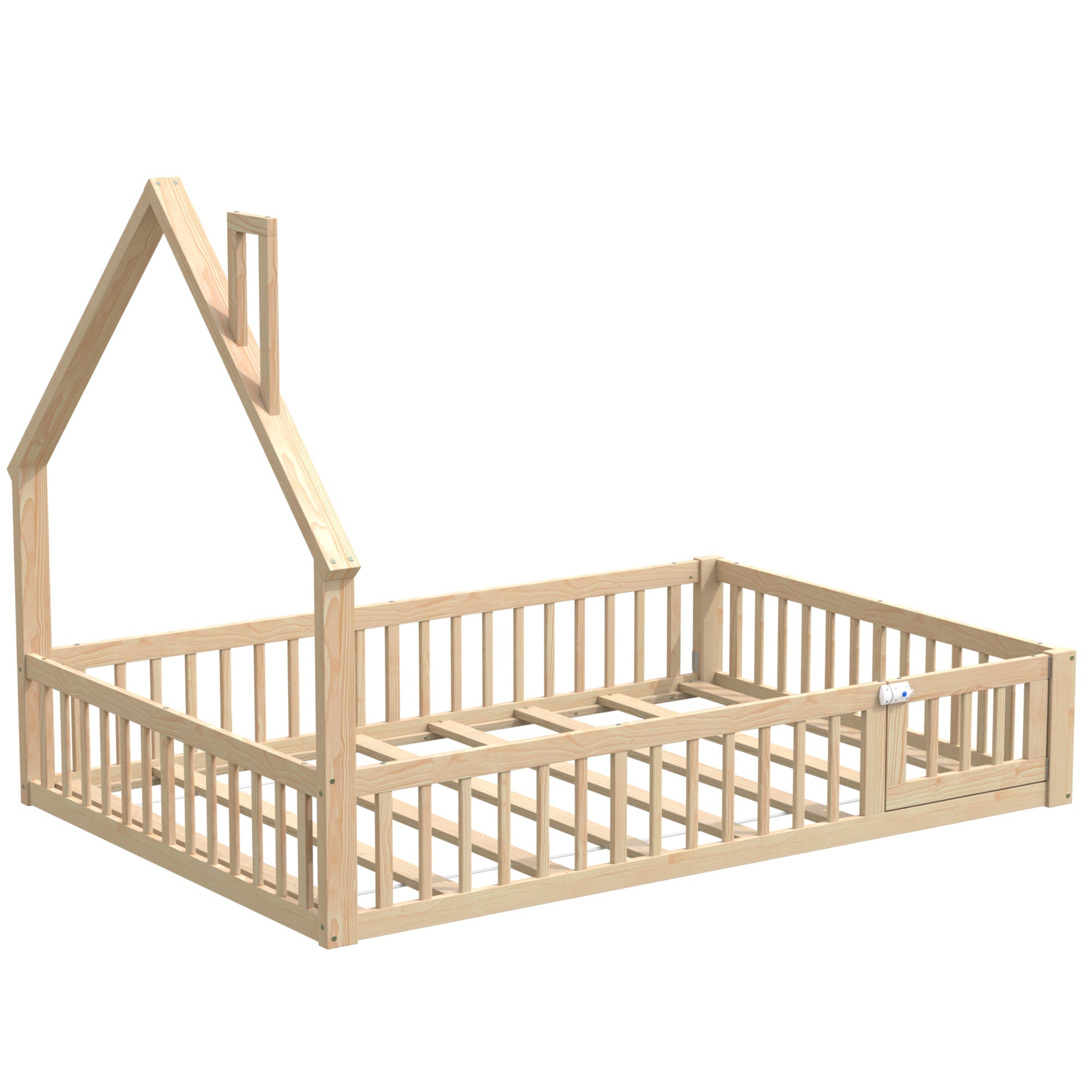 House Bed with Chimney Shape and Slatted Base, 140x190cm, Natural Pine Wood