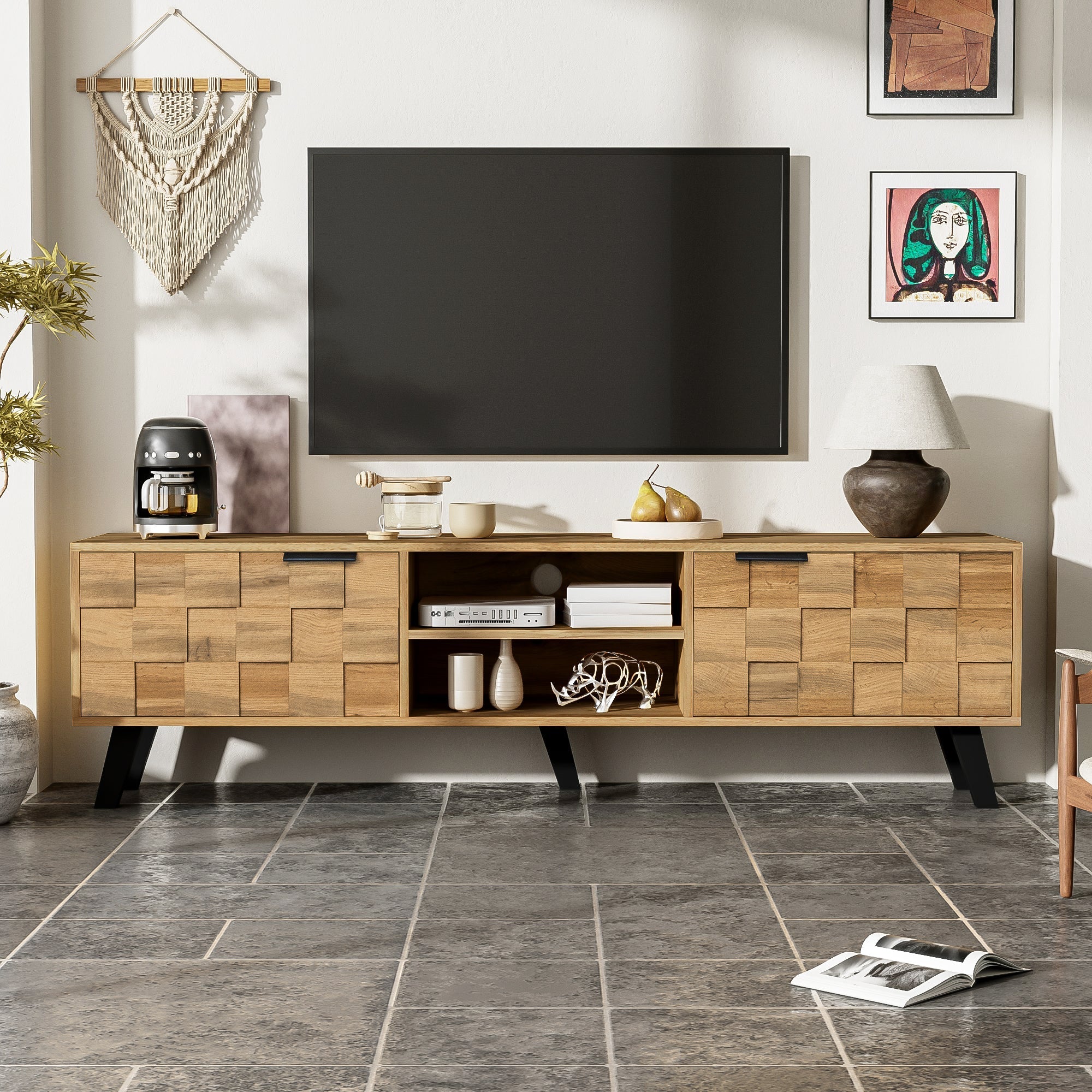 Modern TV Cabinet with 2 Doors, 2 Open Compartments - 160.5 x 35.5 x 45 cm