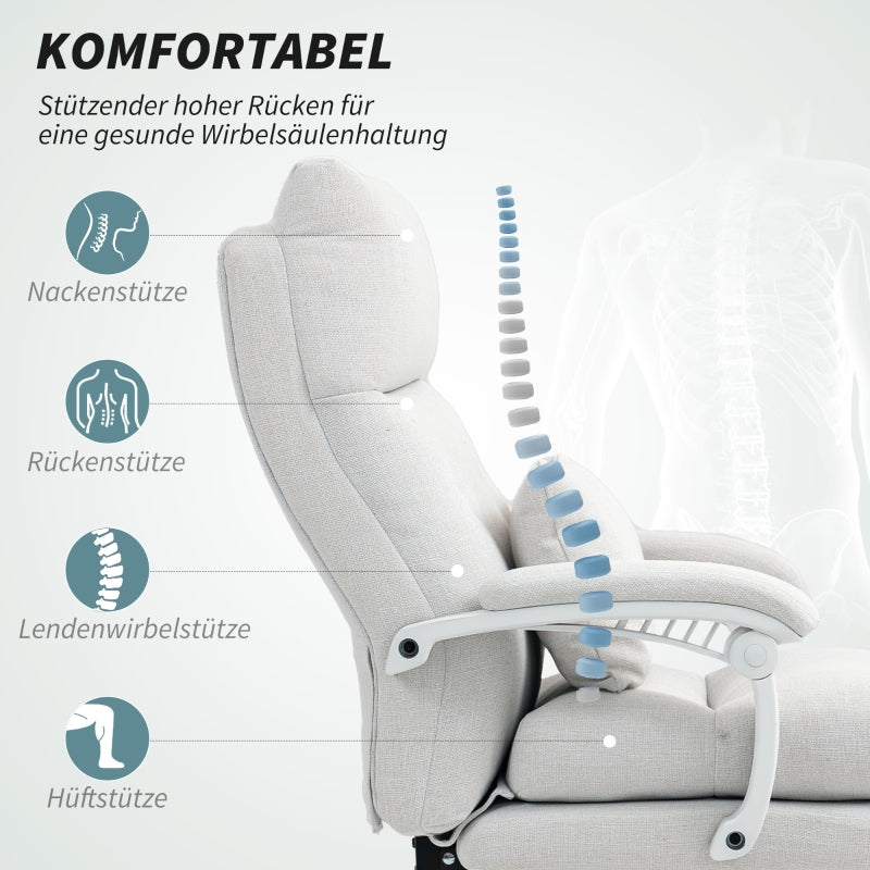 Bürostuhl, ergonomischer Schreibtischstuhl mit Lordosenstütze und Fußstütze, Cremeweiß