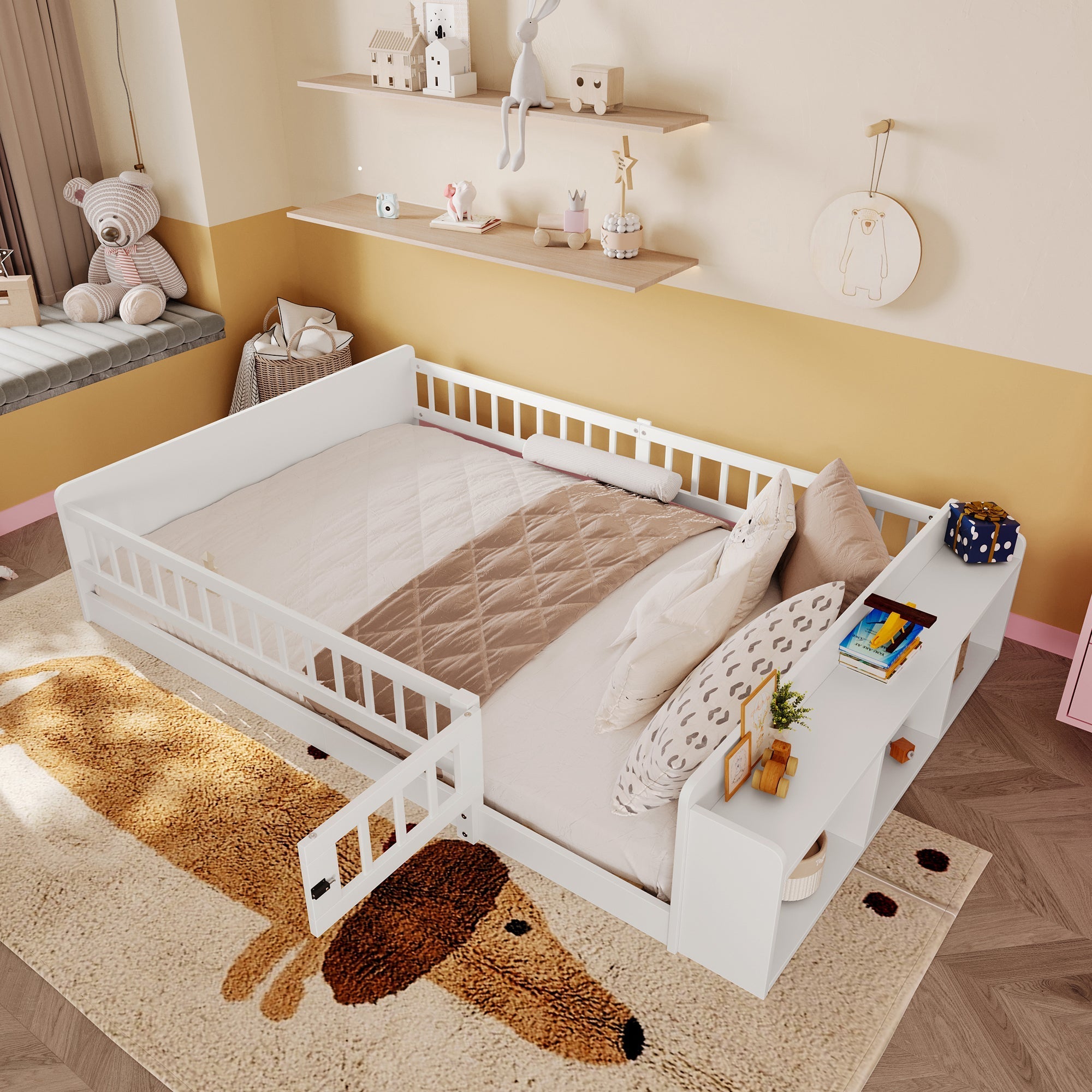 Wooden Children's Bed 140x200cm Open Storage Shelves Pine Wood - White