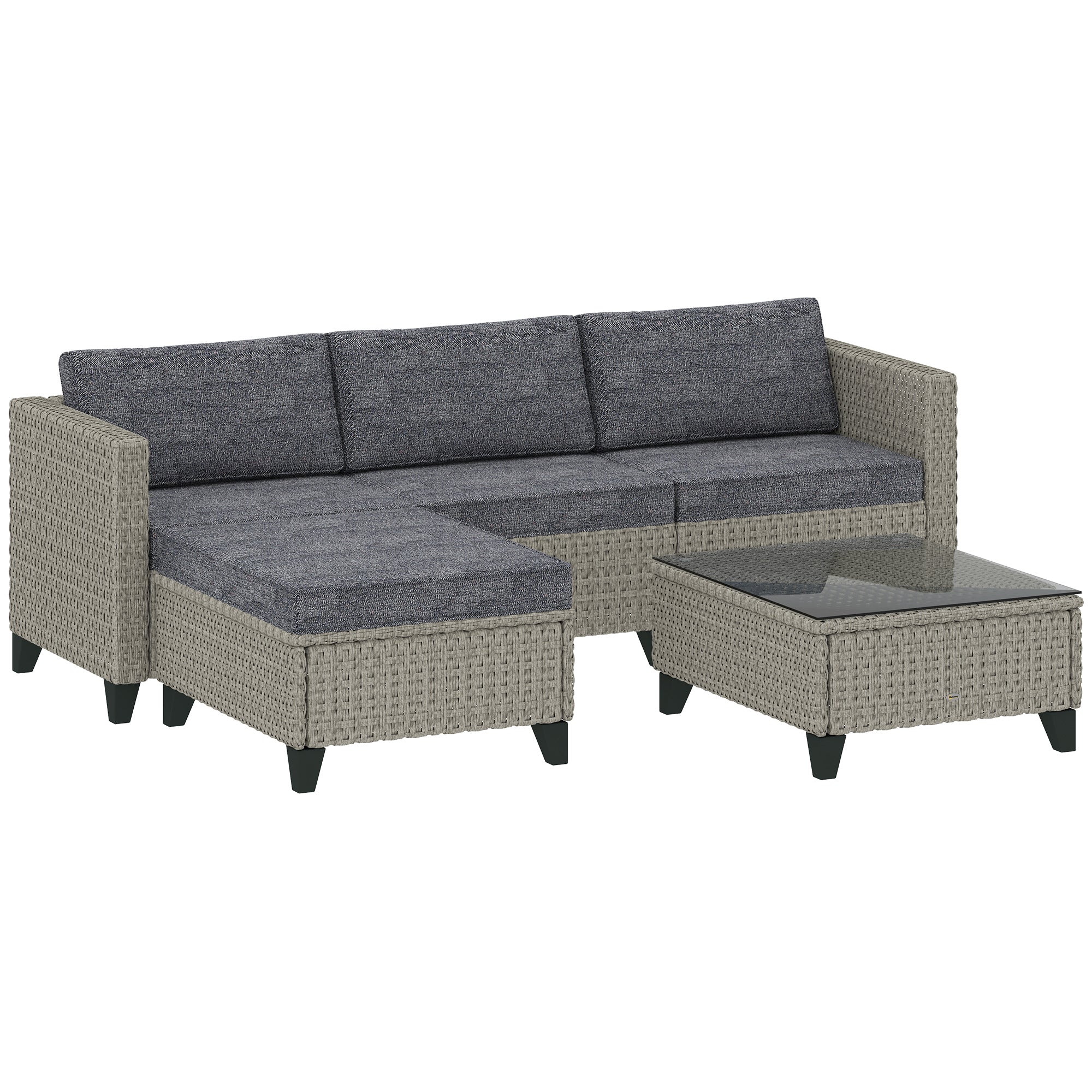 5-Piece Patio Furniture Set with Corner Sofa, Footstools, Coffee Table, Rattan Dark Grey