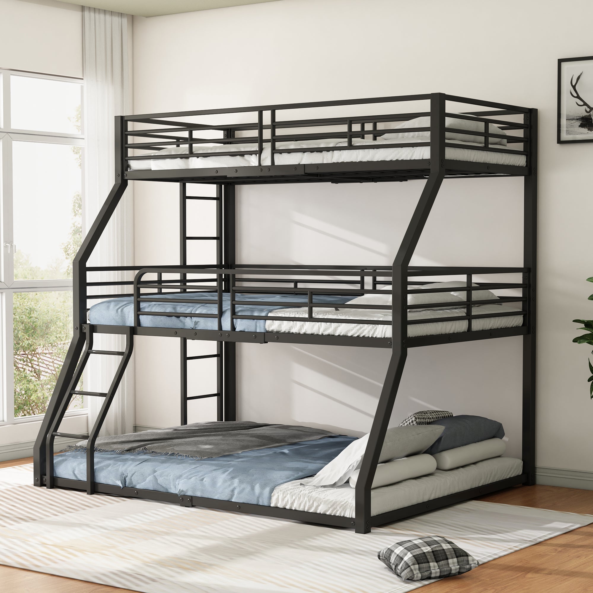 Triple Bunk Bed 90/120/140x200cm Metal Frame - Black