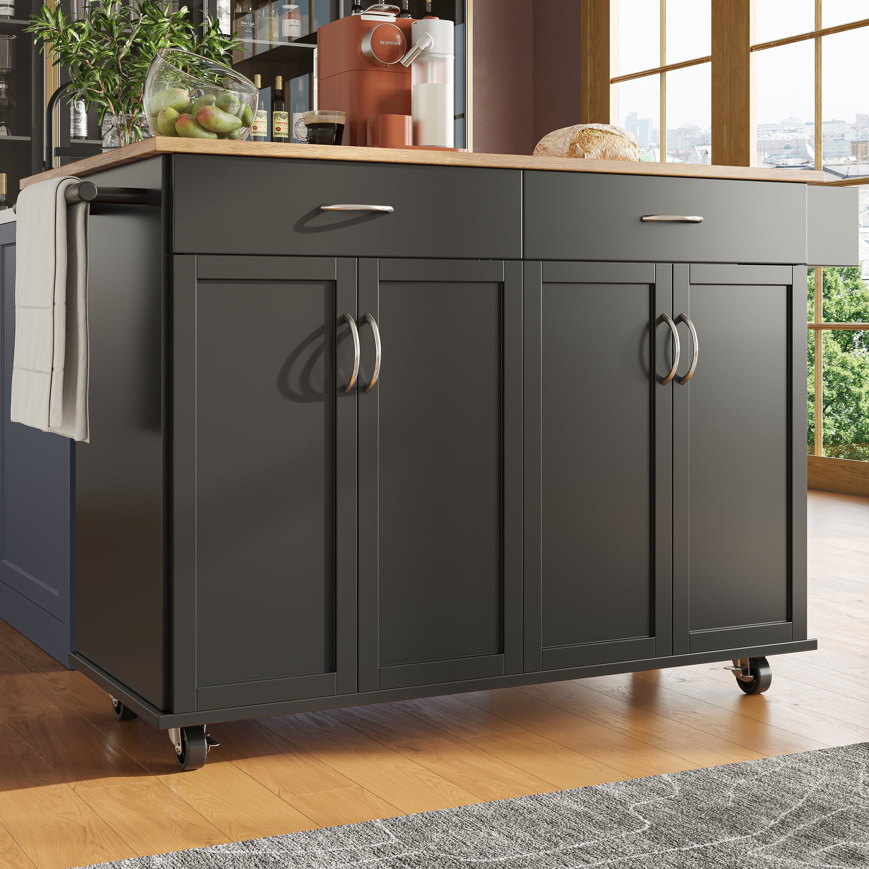 Modern Kitchen Island Multifunctional Dining Cart Storage - Black