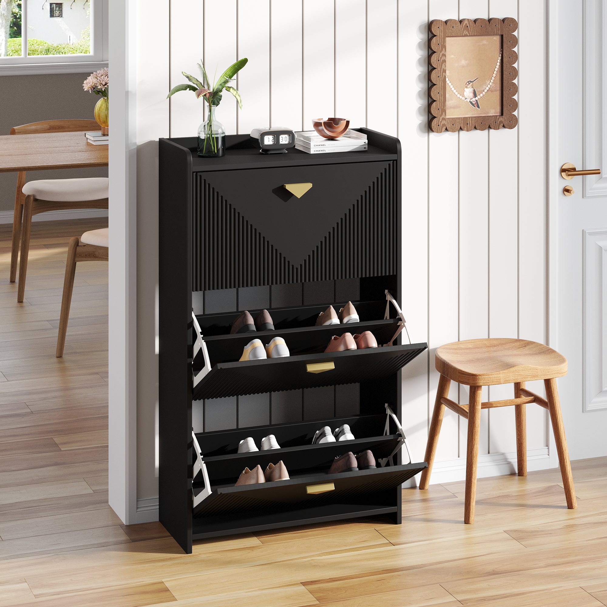 Shoe Cabinet 70x30x120cm 3 Drop-Down Doors 6 Compartments Adjustable Width Black