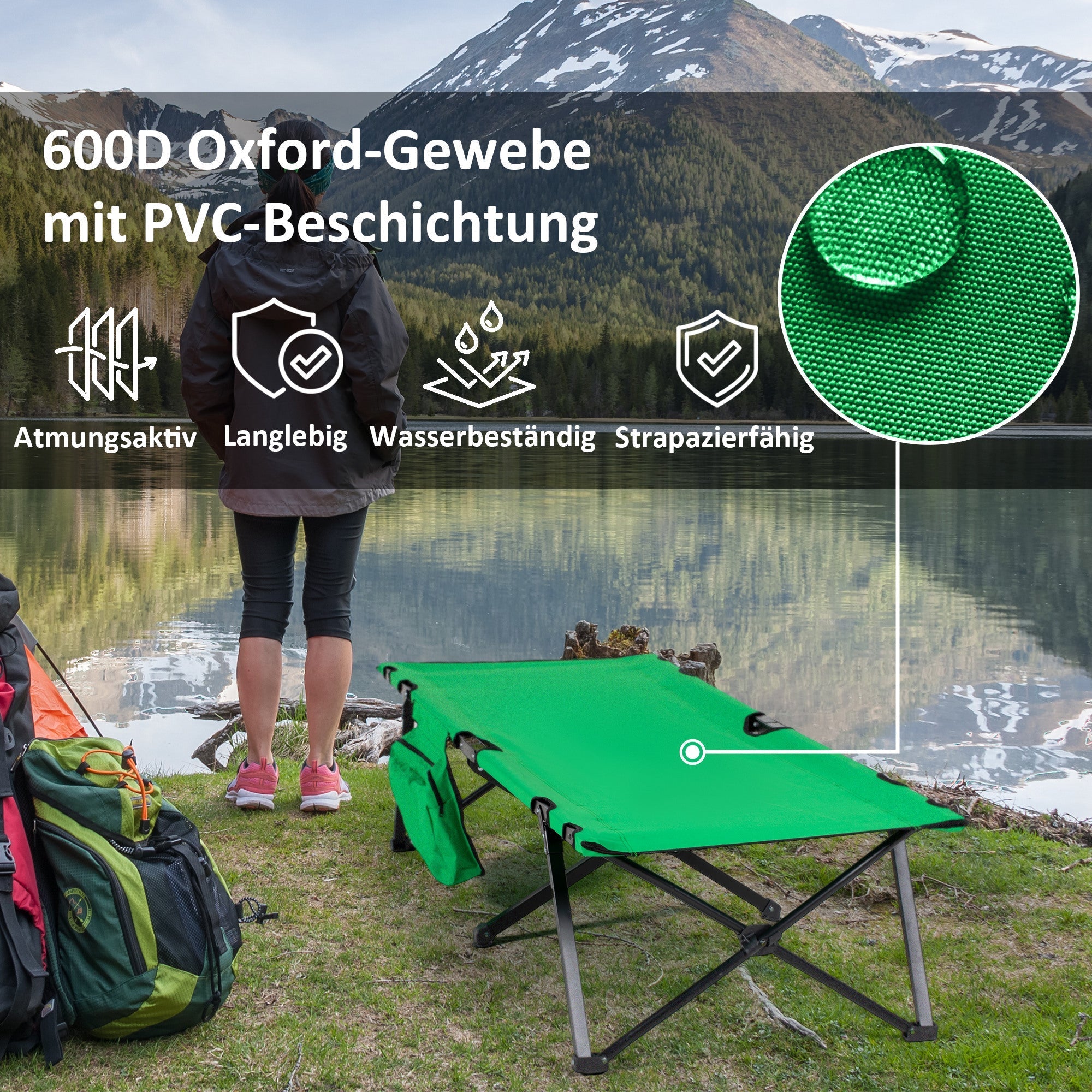 Camping Bed Foldable, 136 kg Load Capacity with Side Pocket, Oxford Green Black