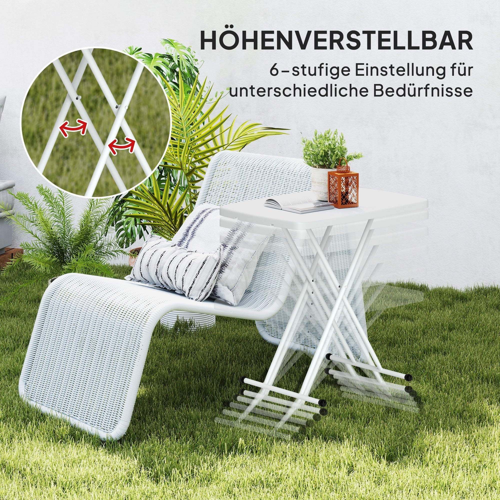 Side Table, Height-Adjustable Foldable Outdoor/Indoor, 76x50x74cm, Plastic White