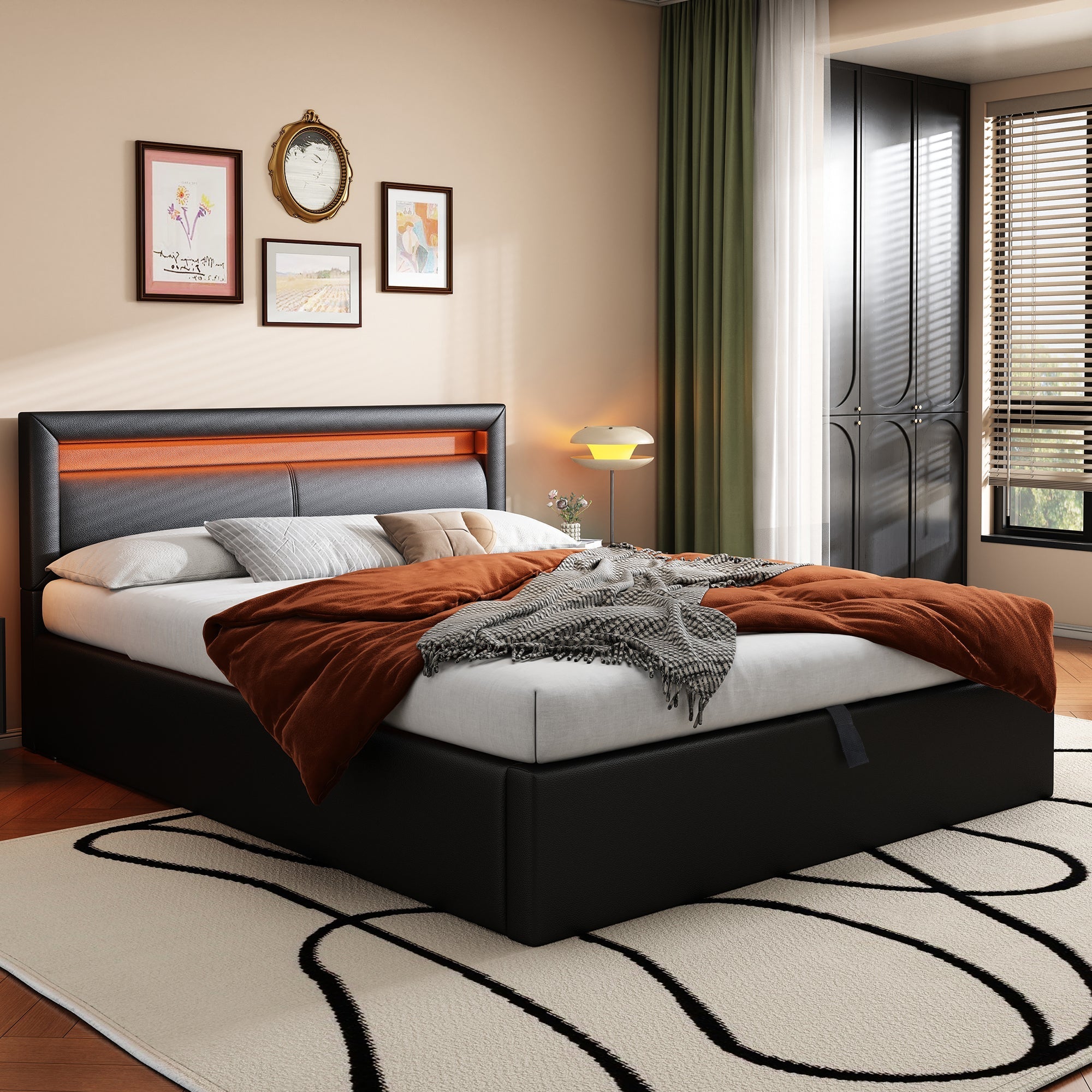 Upholstered Bed with LED Headboard, Storage and Slatted Base, 140x200cm, Black Faux Leather and Wood