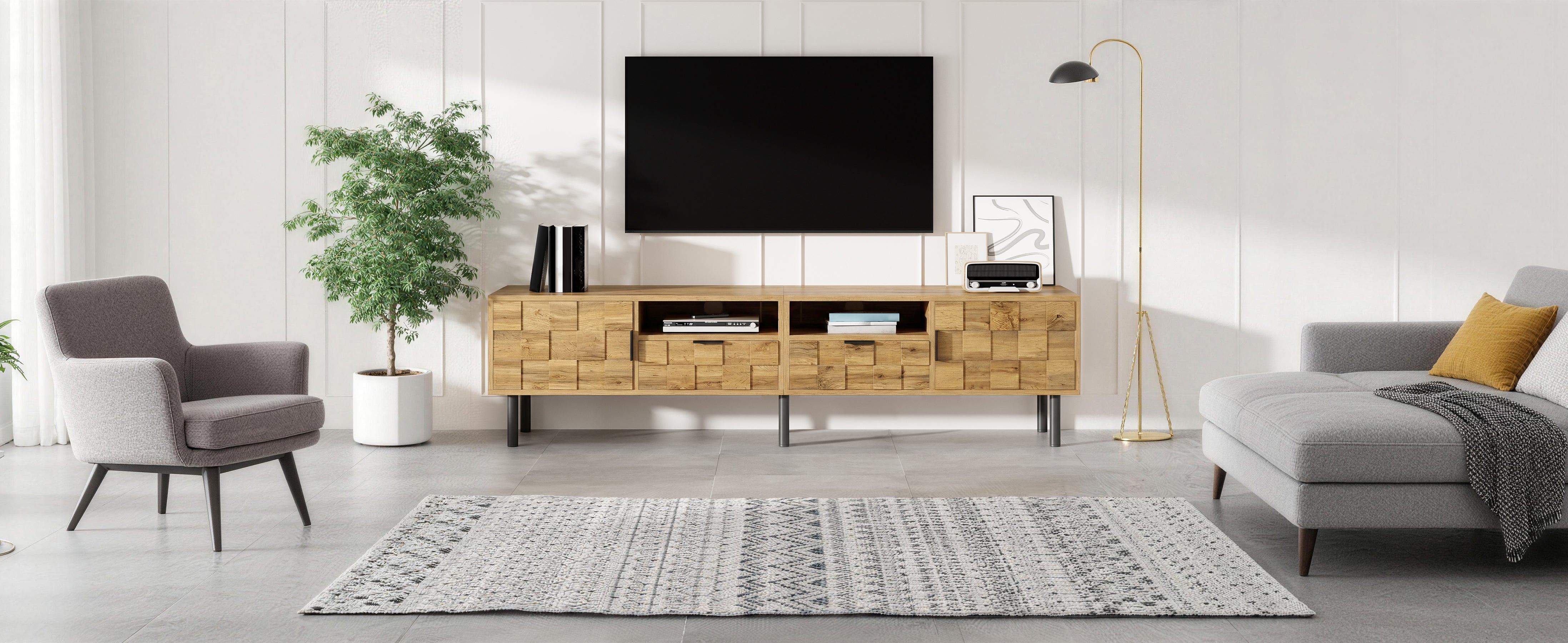 Mosaic TV Cabinet with 2 Doors, 2 Drawers and 2 Open Shelves, Wood Look Chipboard and Metal