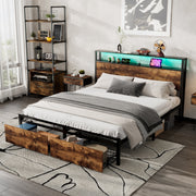 Metal Bed, 4ft6 Double with LED Strip, 2 Drawers & USB Ports, Black+Walnut Wrought Iron
