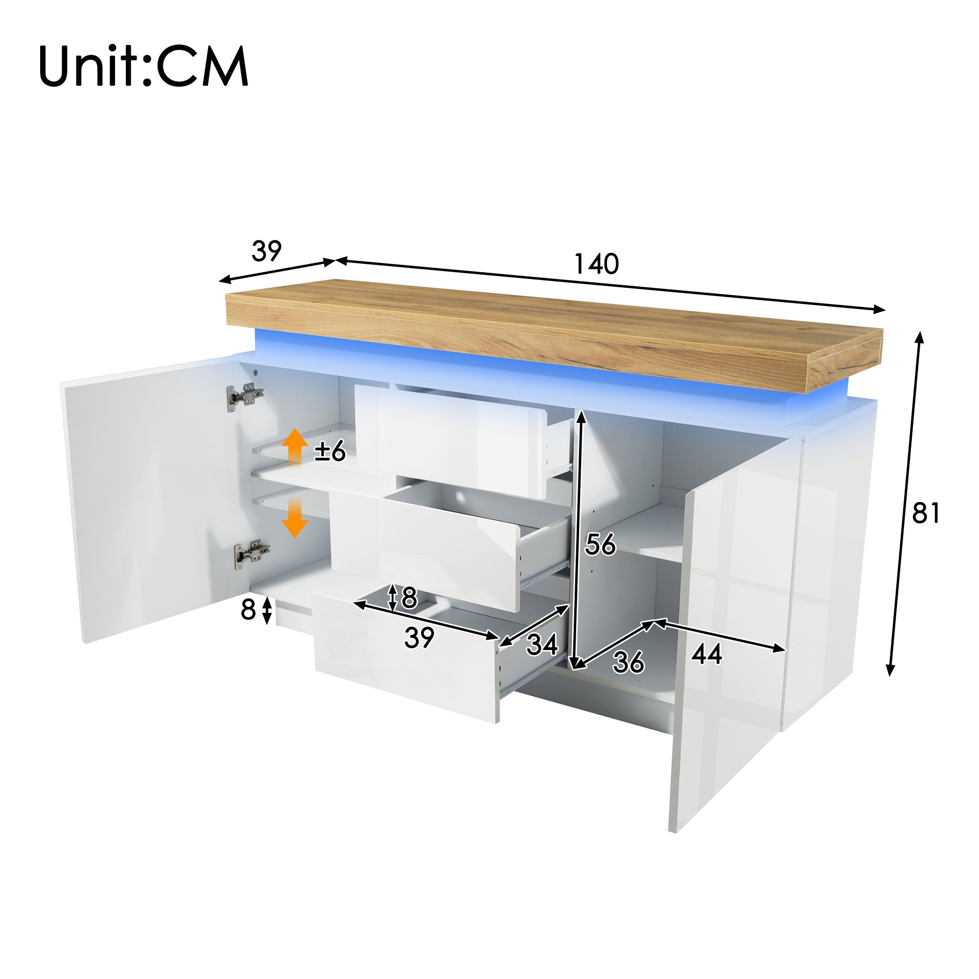 Chest of Drawers, High-Gloss Sideboard with 2 Doors & 3 Drawers, LED Lighting, White
