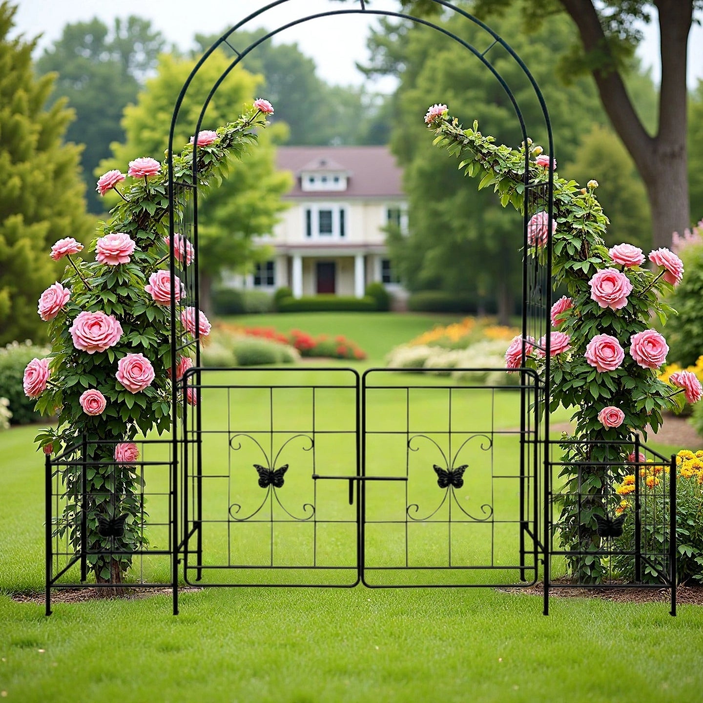 Garden Arch Arbor Trellis with Gate, Durable Metal, 7.15 Feet, Black