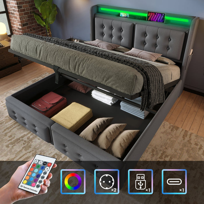 Upholstered Bed 140x200 Double LED Headboard USB C Hydraulic Storage, Grey Cotton