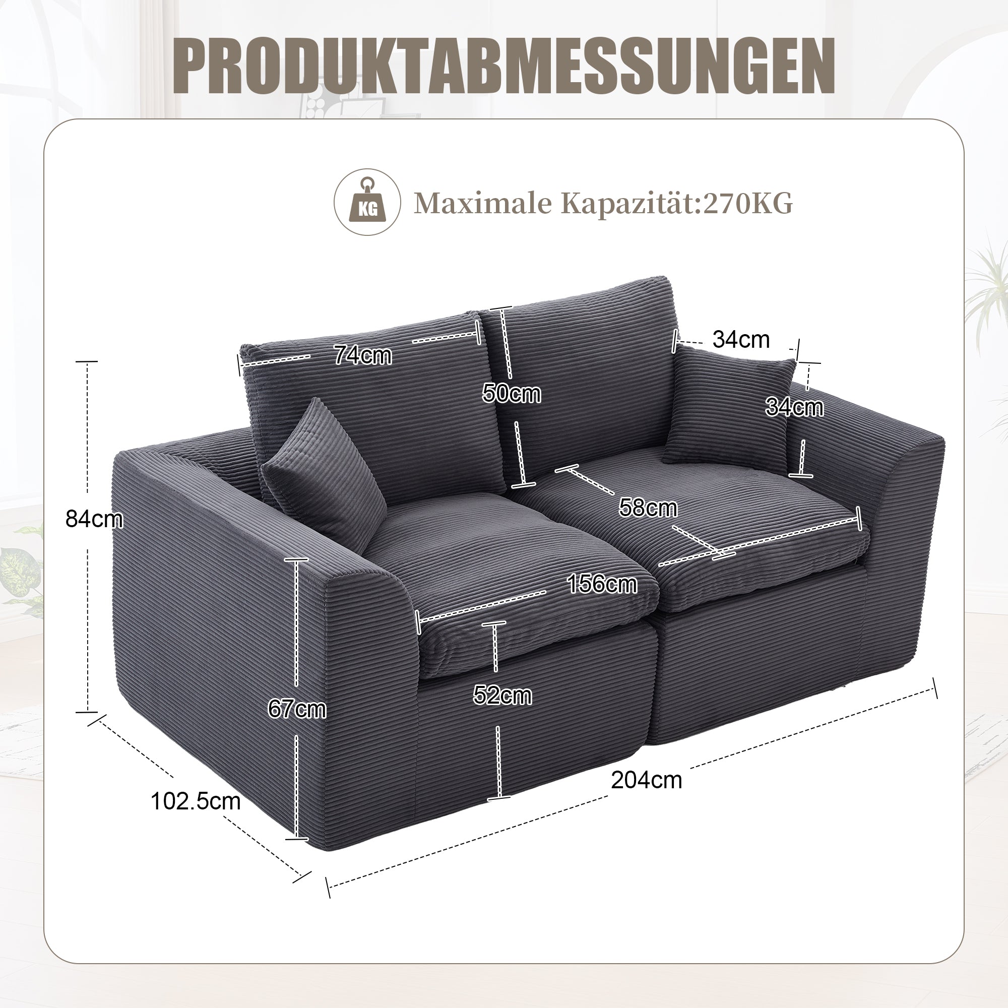 Two-seater Sofa Modern Minimalist Nordic Style with Cushions Fabric