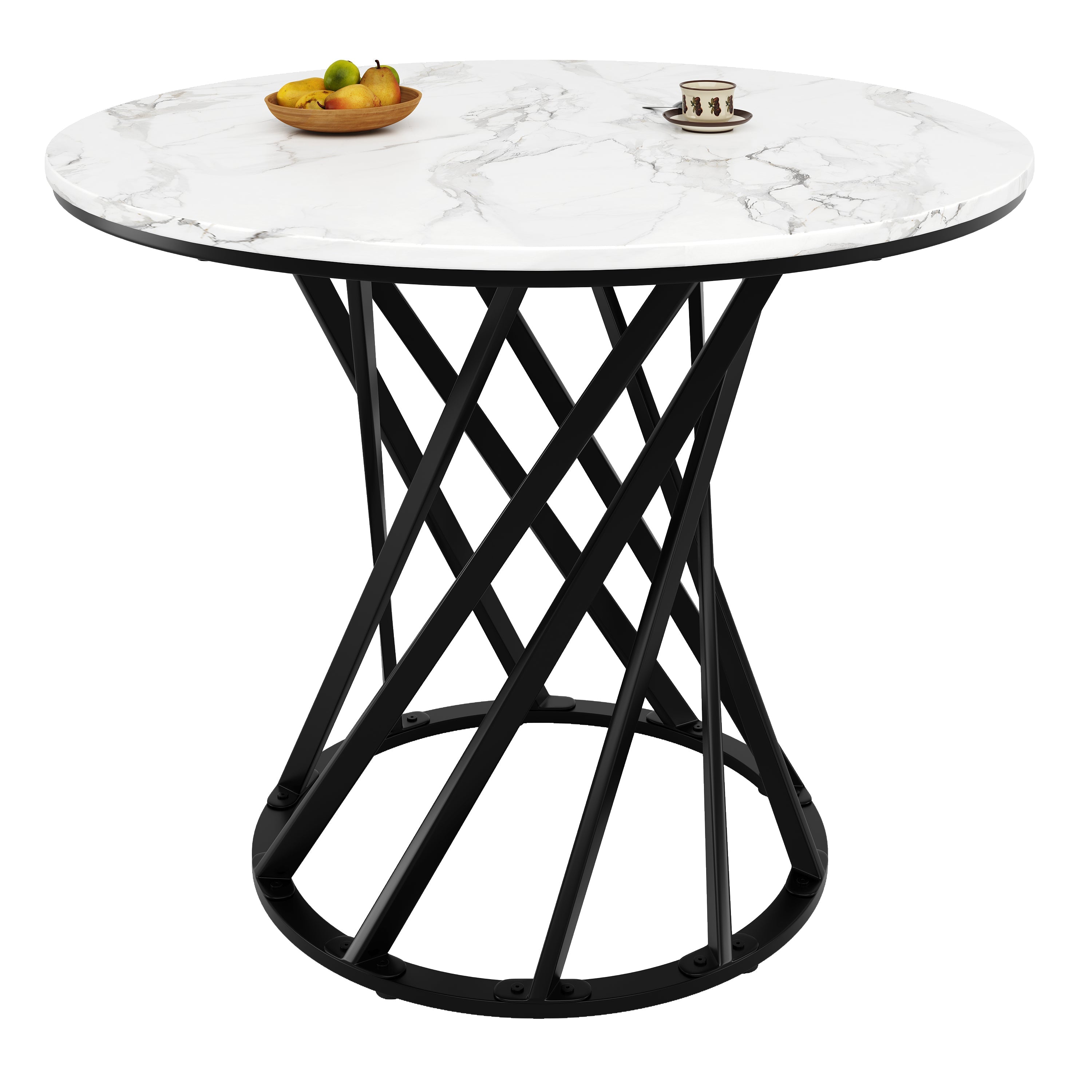 Round Dining Table 80cm for 4 Marbled MDF Top Black Metal Legs