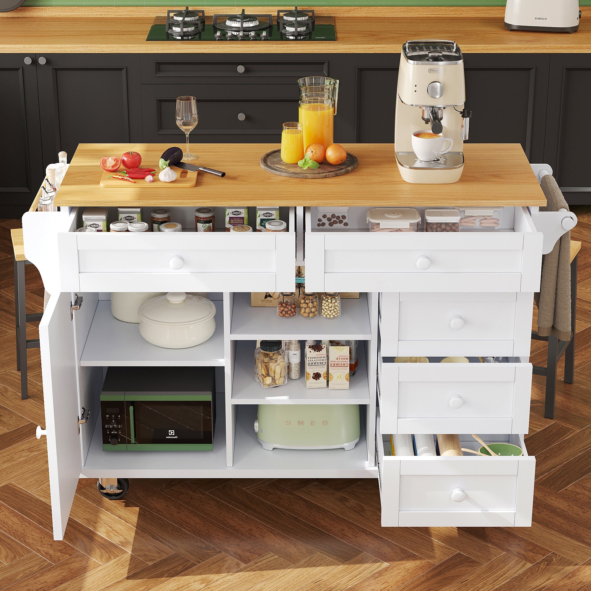 Dining Trolley Modern Simple Drawer Storage Cabinet Mobile Fixed Dual-Use White