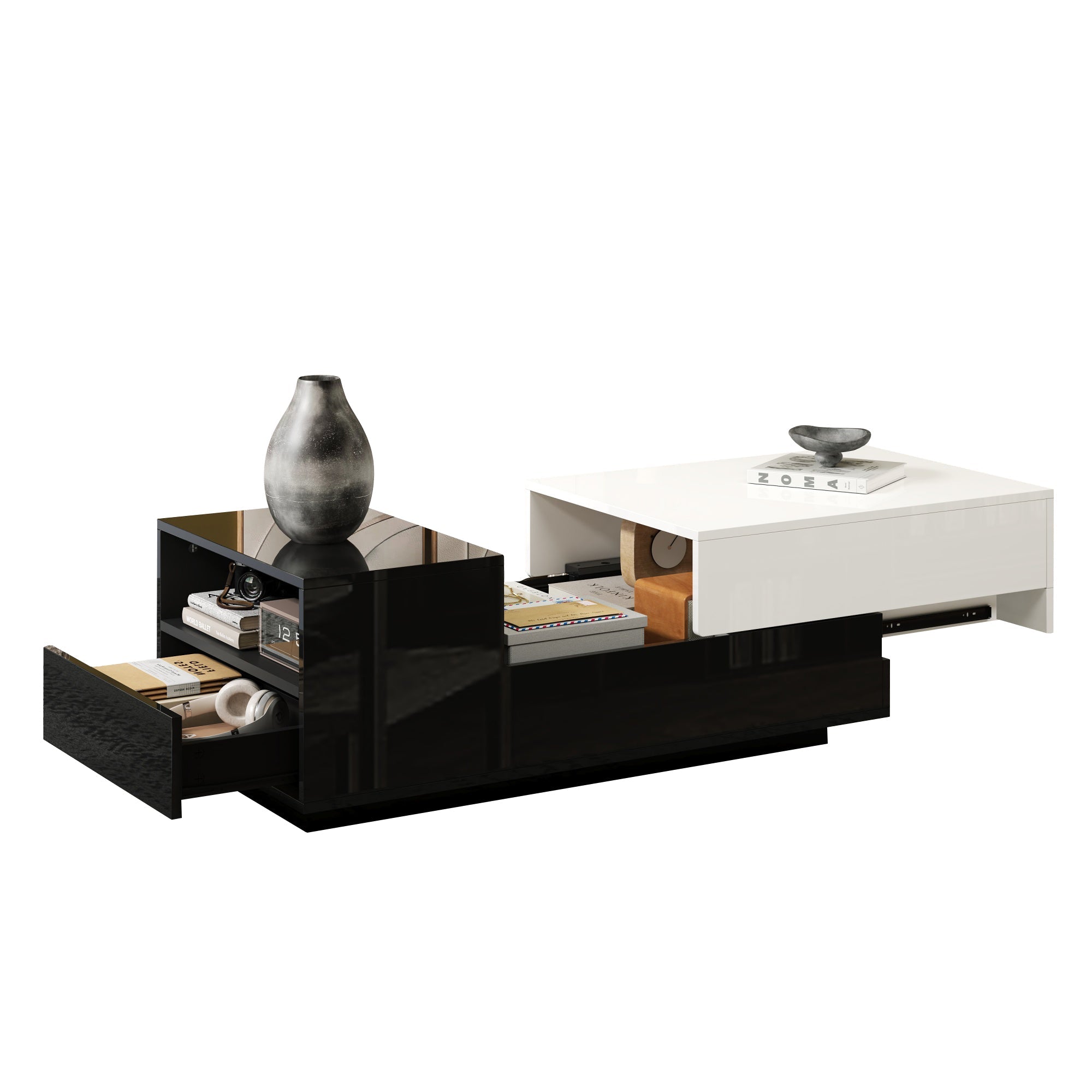 Coffee Table 100x50x38cm, High-Gloss with 1 Drawer & Sliding Top, Black and White Stitching