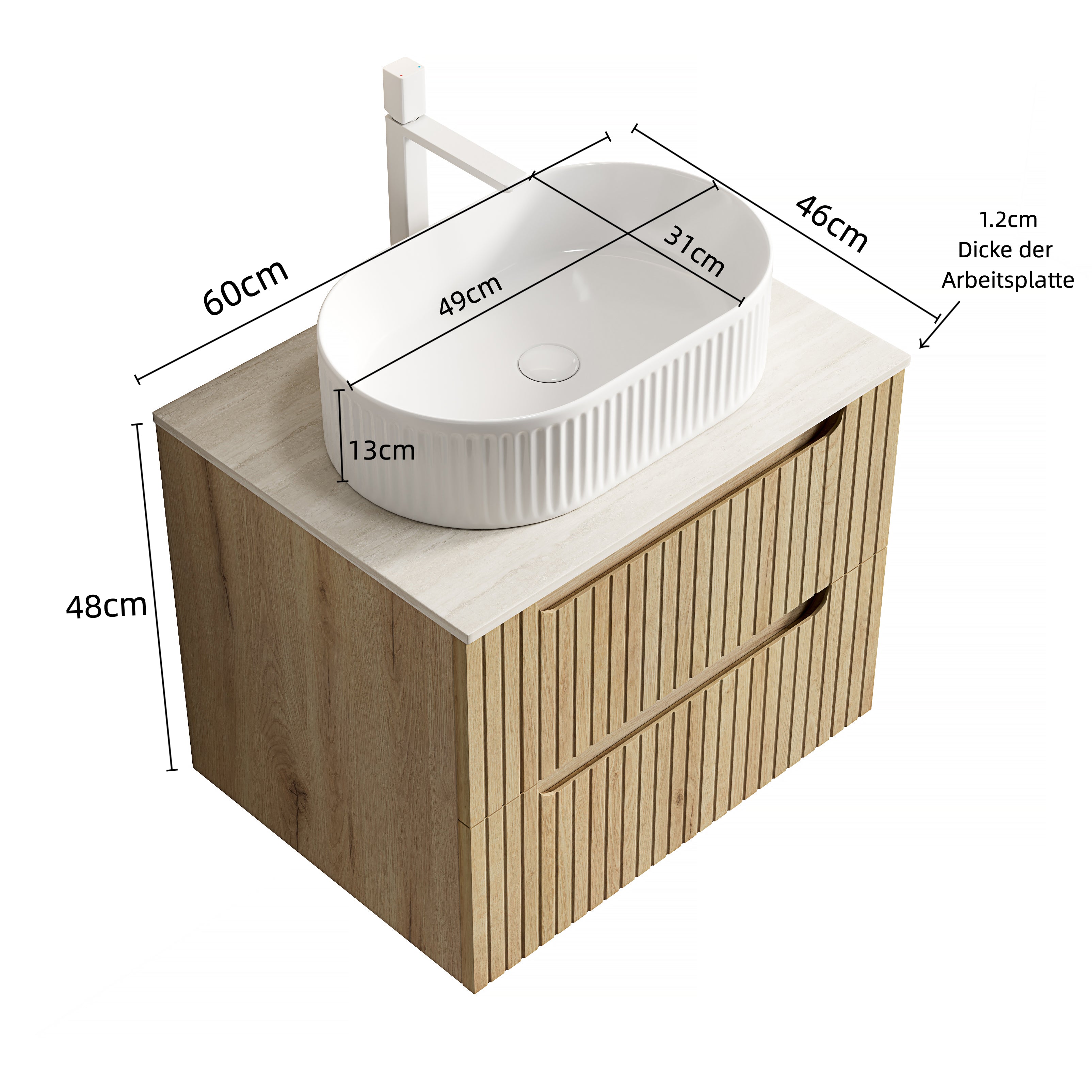 Floating Bathroom Vanity Unit with Oval Sink and Sintered Stone Top, White Oak Wood Grain