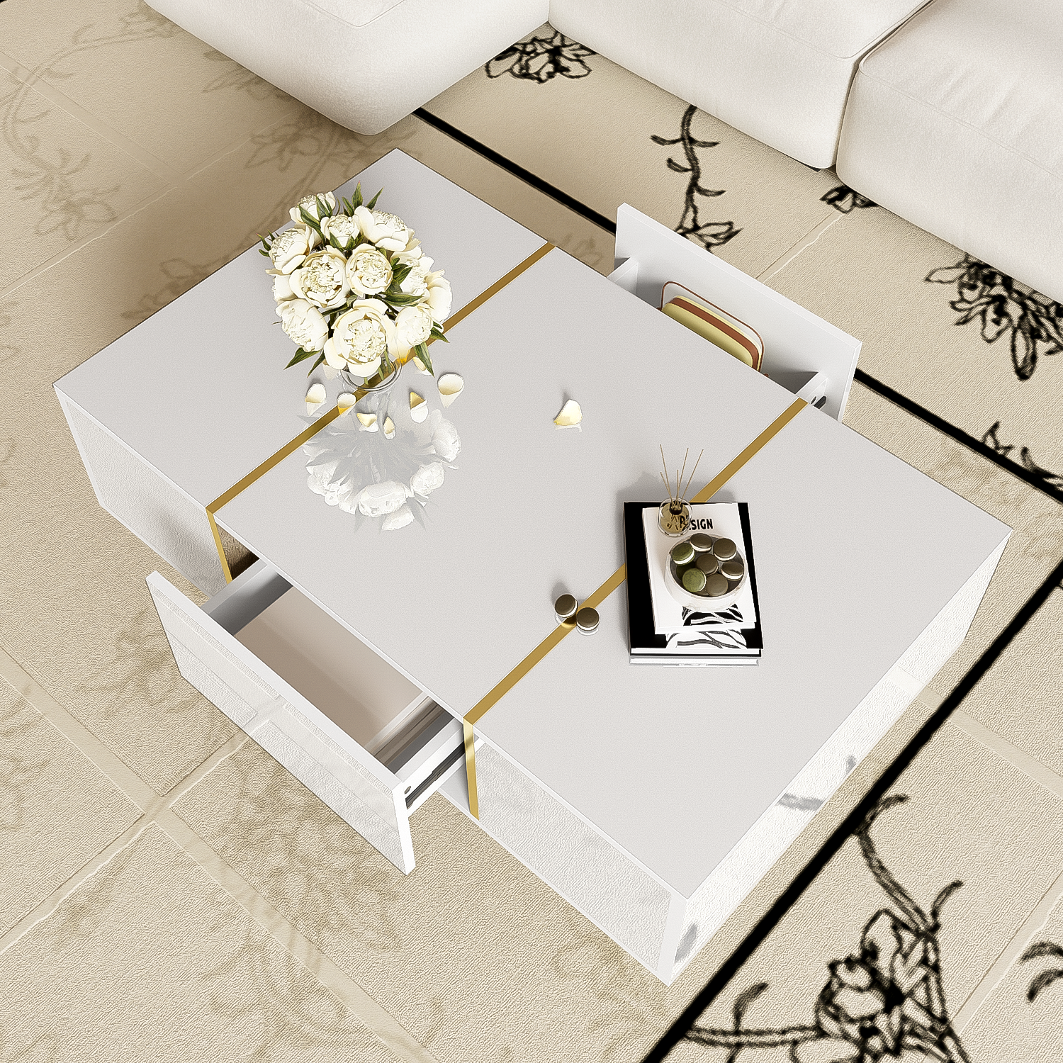White Coffee Table, High Gloss Modern with 2 Drawers