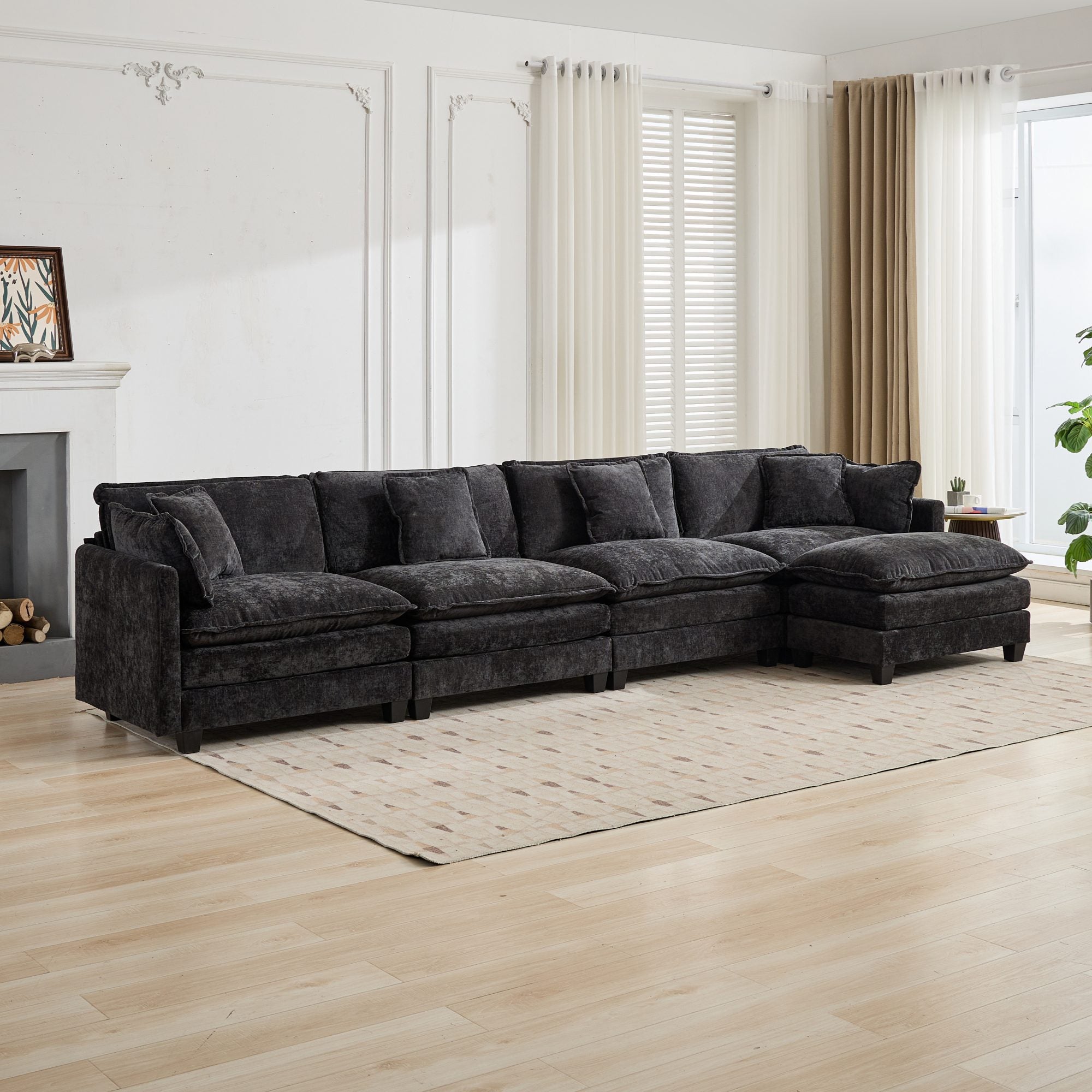 Cloud Sofa 4 Seats, Modern Sectional Couch with Double Layer Cushions, Black Chenille Fabric