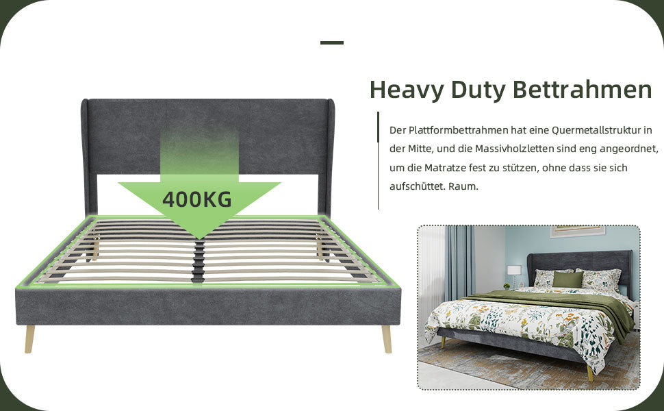 Upholstered Bed, Modern Minimalist Soft Headboard, 160x200 cm Grey