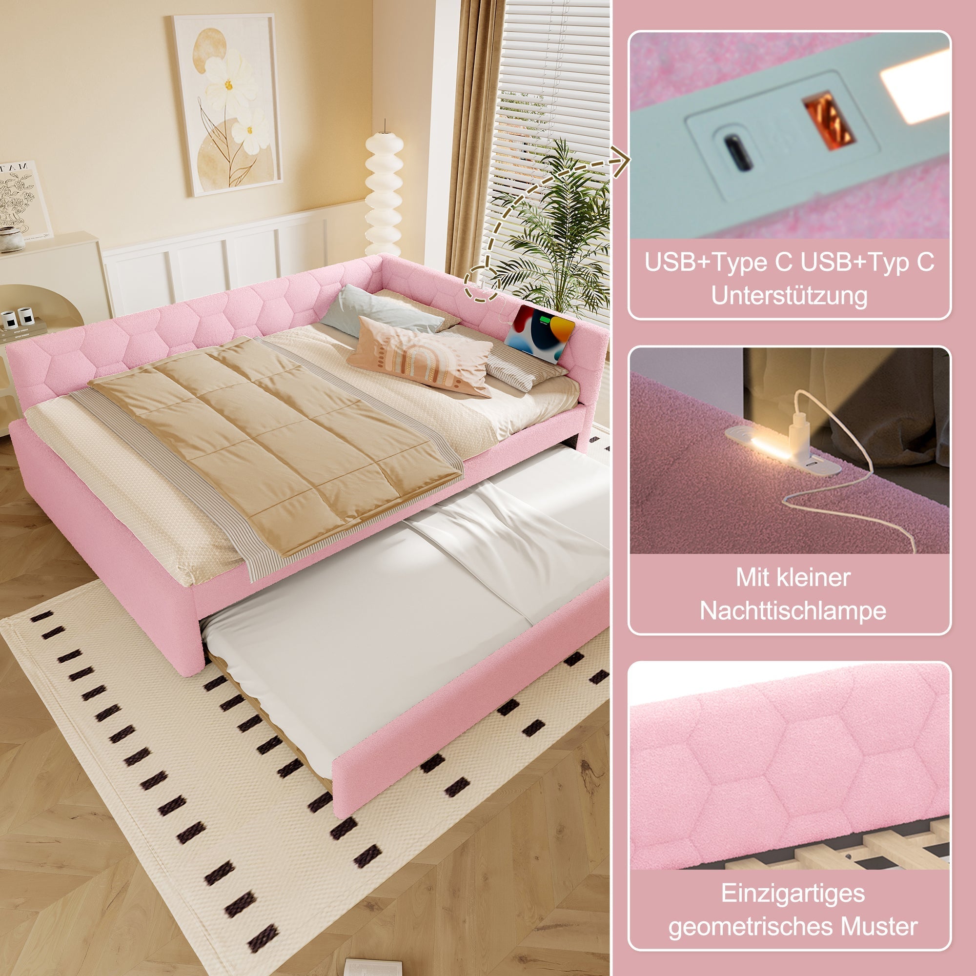 Daybed 140x200cm Sofa Bed Pull-Out Bed Lamp USB/Type-C - Faux Fleece Pink