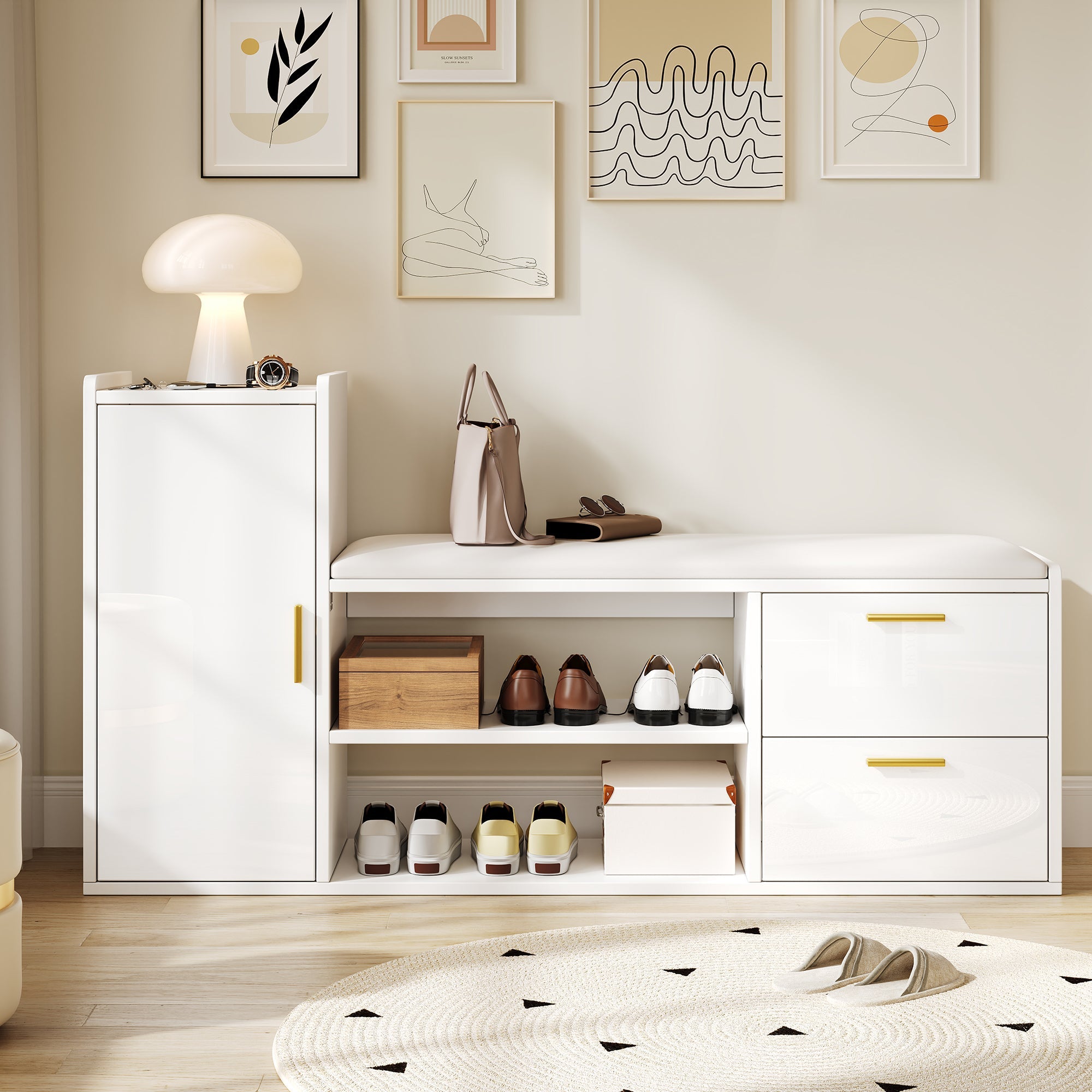 Shoe Cabinet 128x30x68cm with Bench, 2 Drawers, High-Gloss White