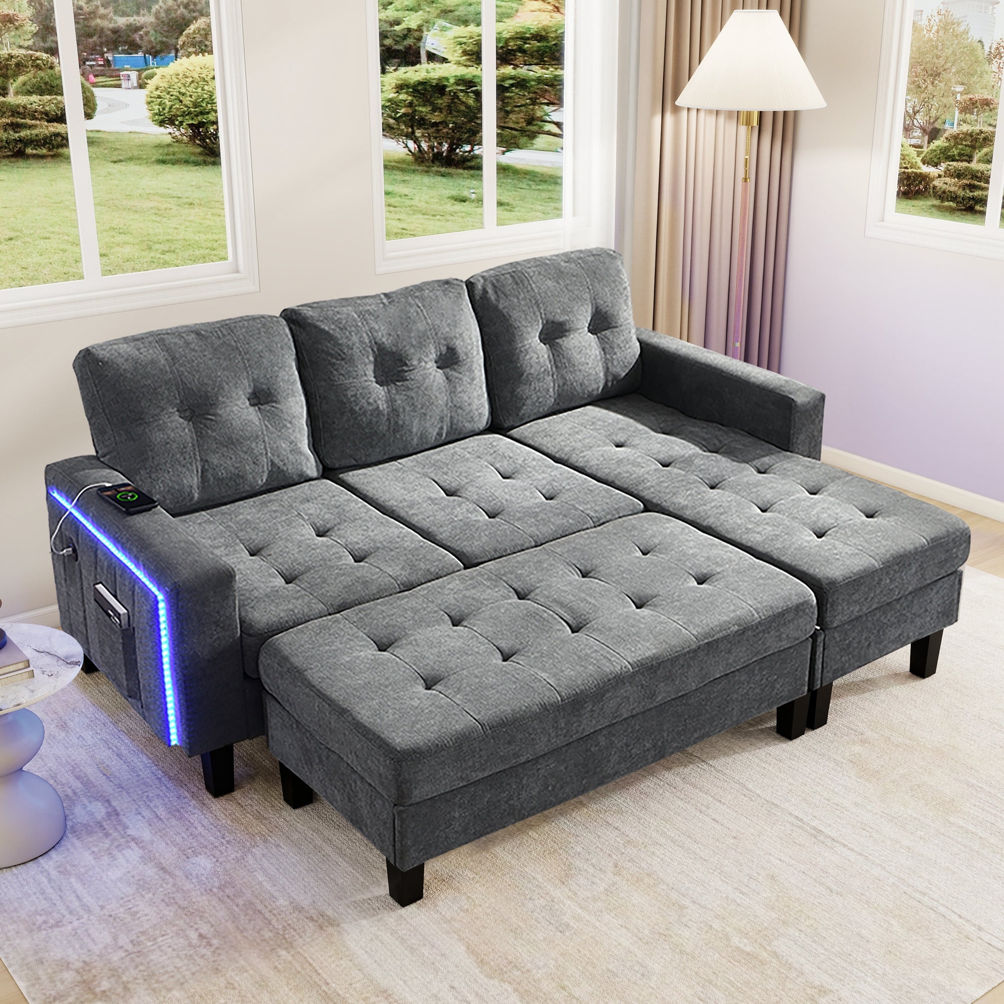 L-Shaped Sofa Set, Multifunctional with Movable Footstool & LED Lighting, Modern Modular