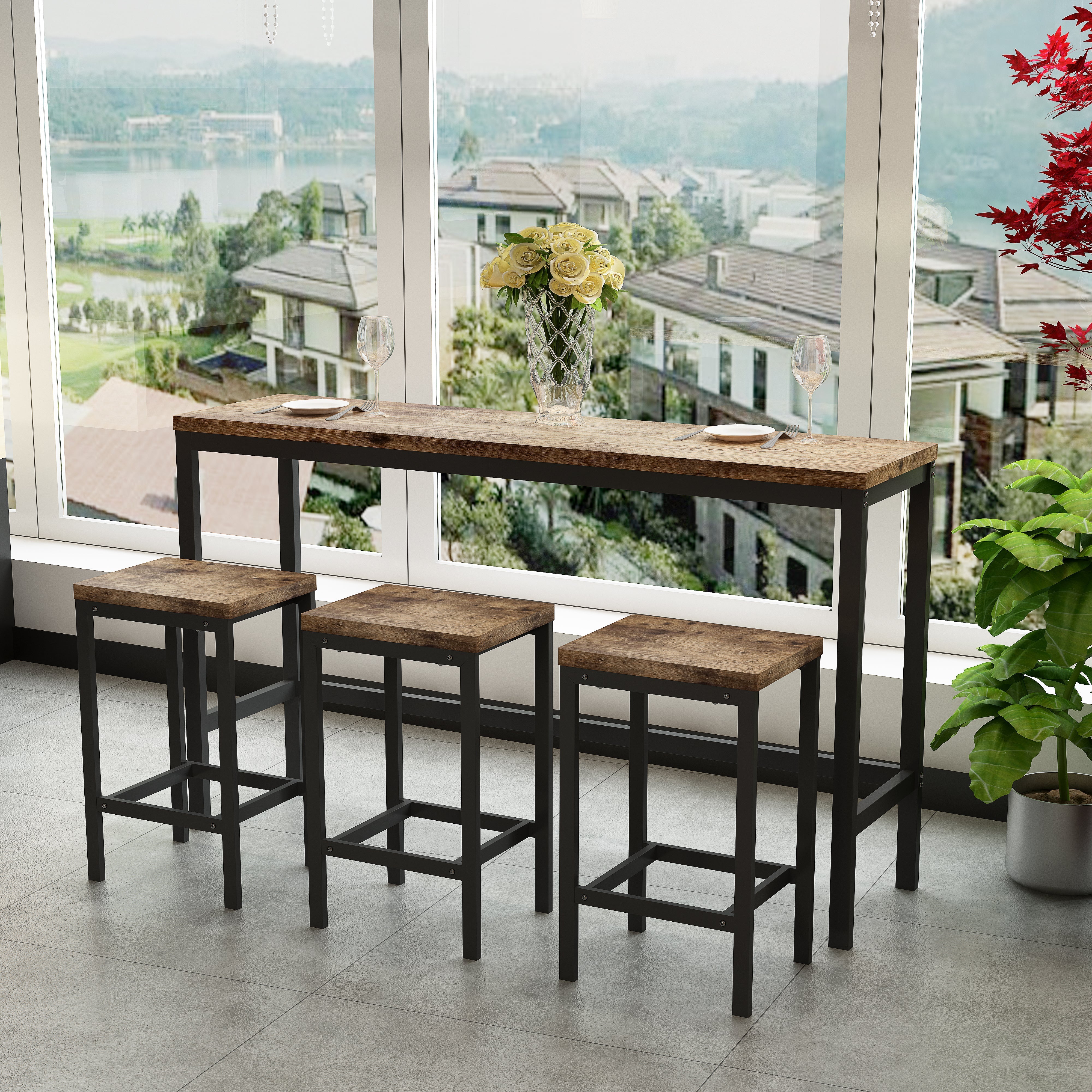 Dining Table Set, Modern Design with 3 Stools, Natural