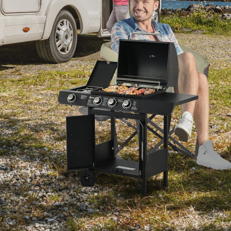 Gas Grill BBQ Cart 3 Burners 1 Side Burner Multifunctional 110x50x100 cm Steel Black